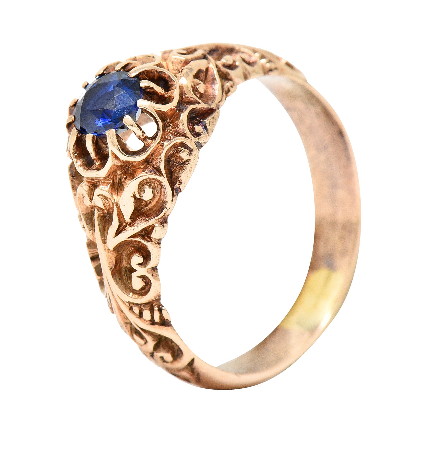 Victorian Sapphire 14 Karat Rose Gold Belcher Scrolling Heart Antique Ring Wilson's Estate Jewelry