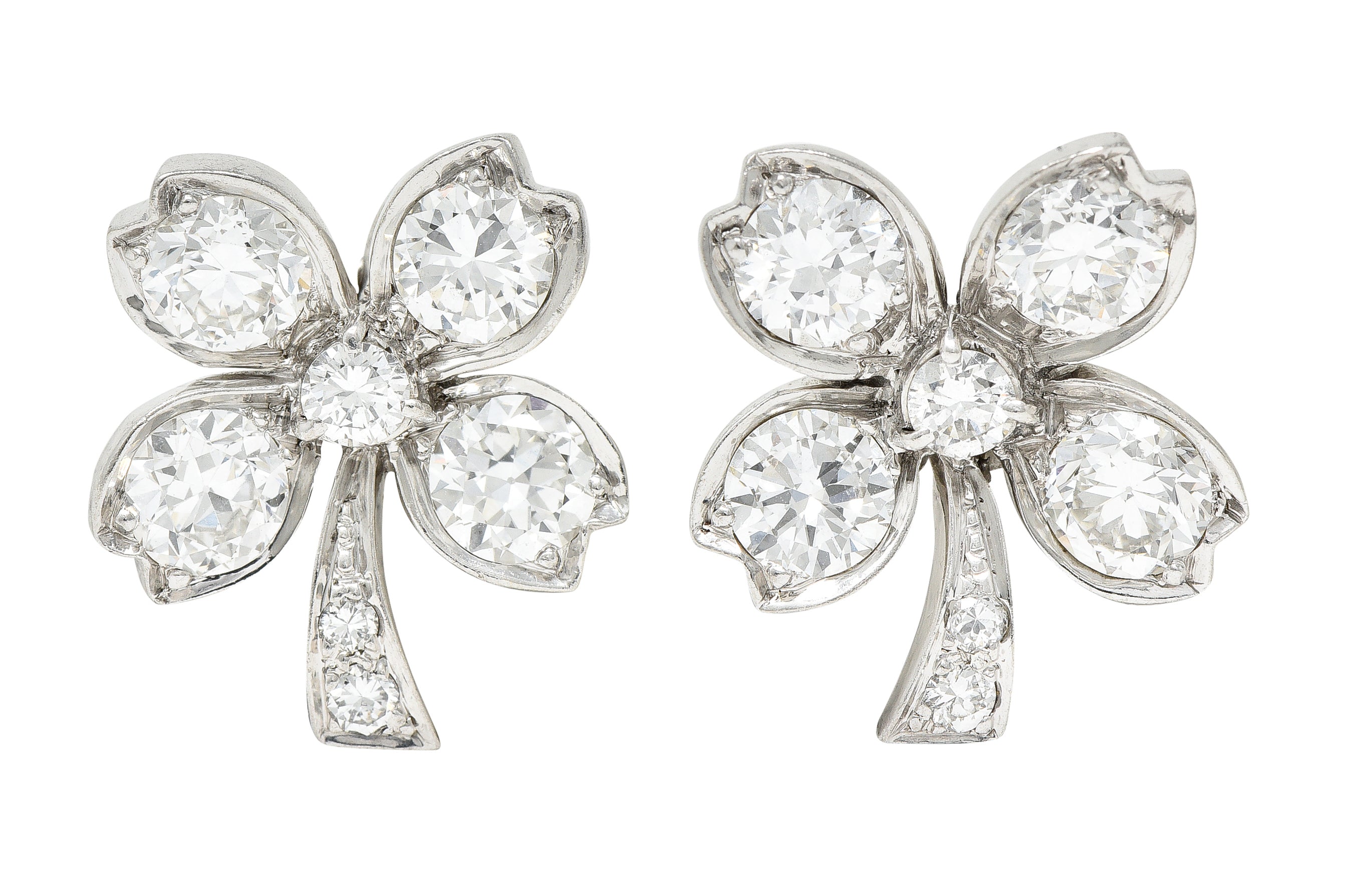 1950's Mid-Century 2.80 CTW Diamond 18 Karat White Gold Vintage Four Leaf Clover Floral Earrings Wilson's Estate Jewelry