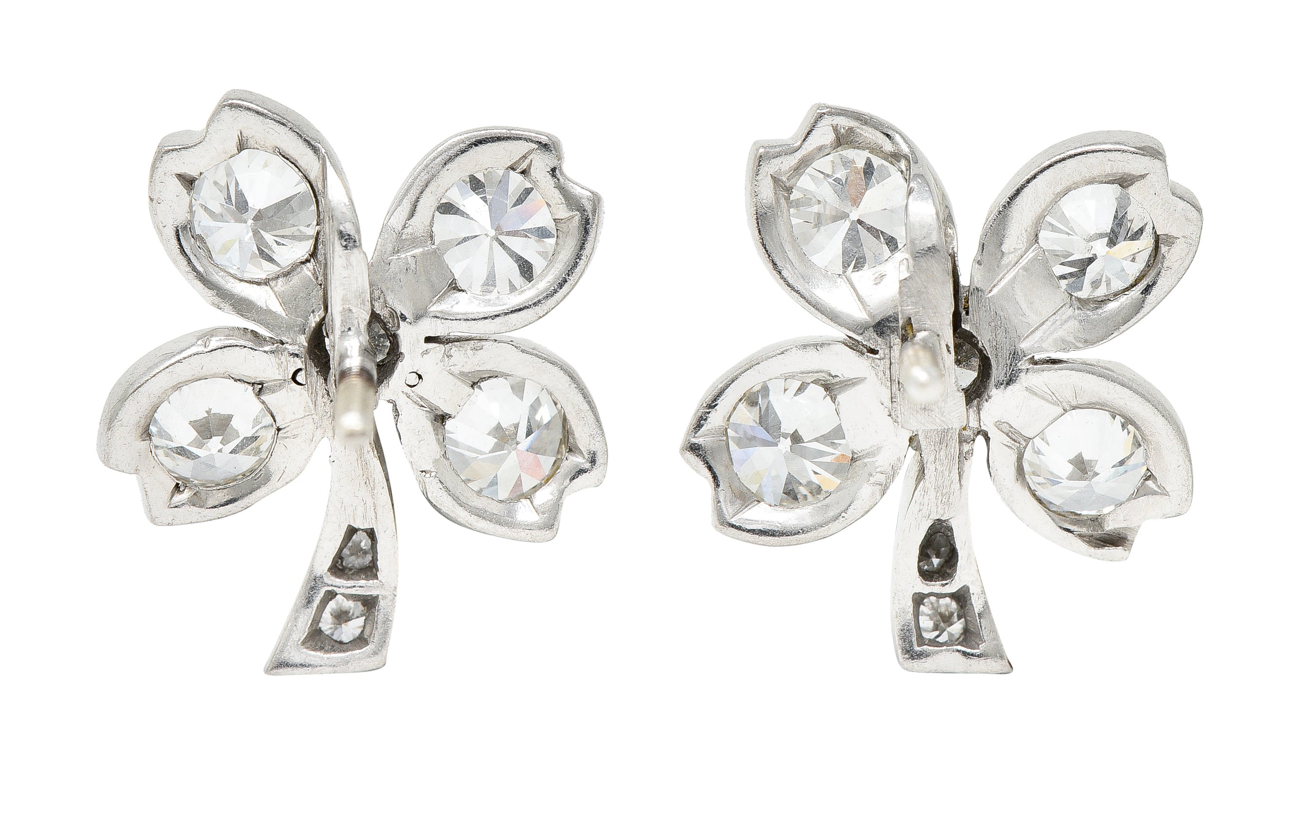 1950's Mid-Century 2.80 CTW Diamond 18 Karat White Gold Vintage Four Leaf Clover Floral Earrings Wilson's Estate Jewelry