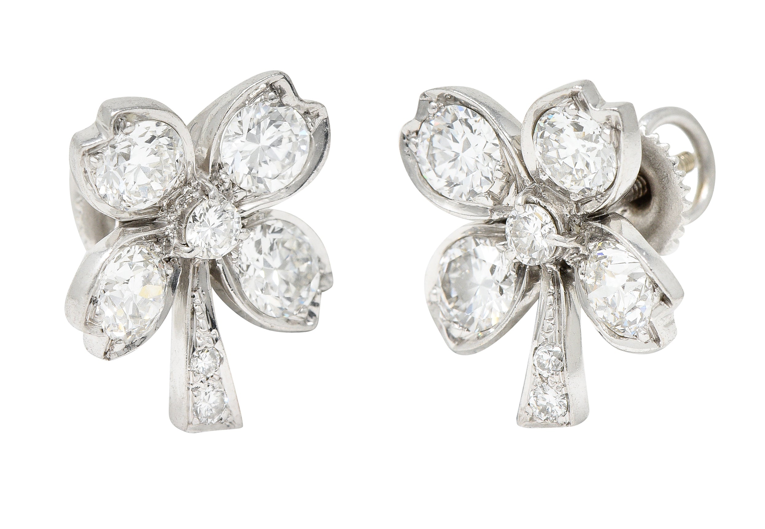 1950's Mid-Century 2.80 CTW Diamond 18 Karat White Gold Vintage Four Leaf Clover Floral Earrings Wilson's Estate Jewelry