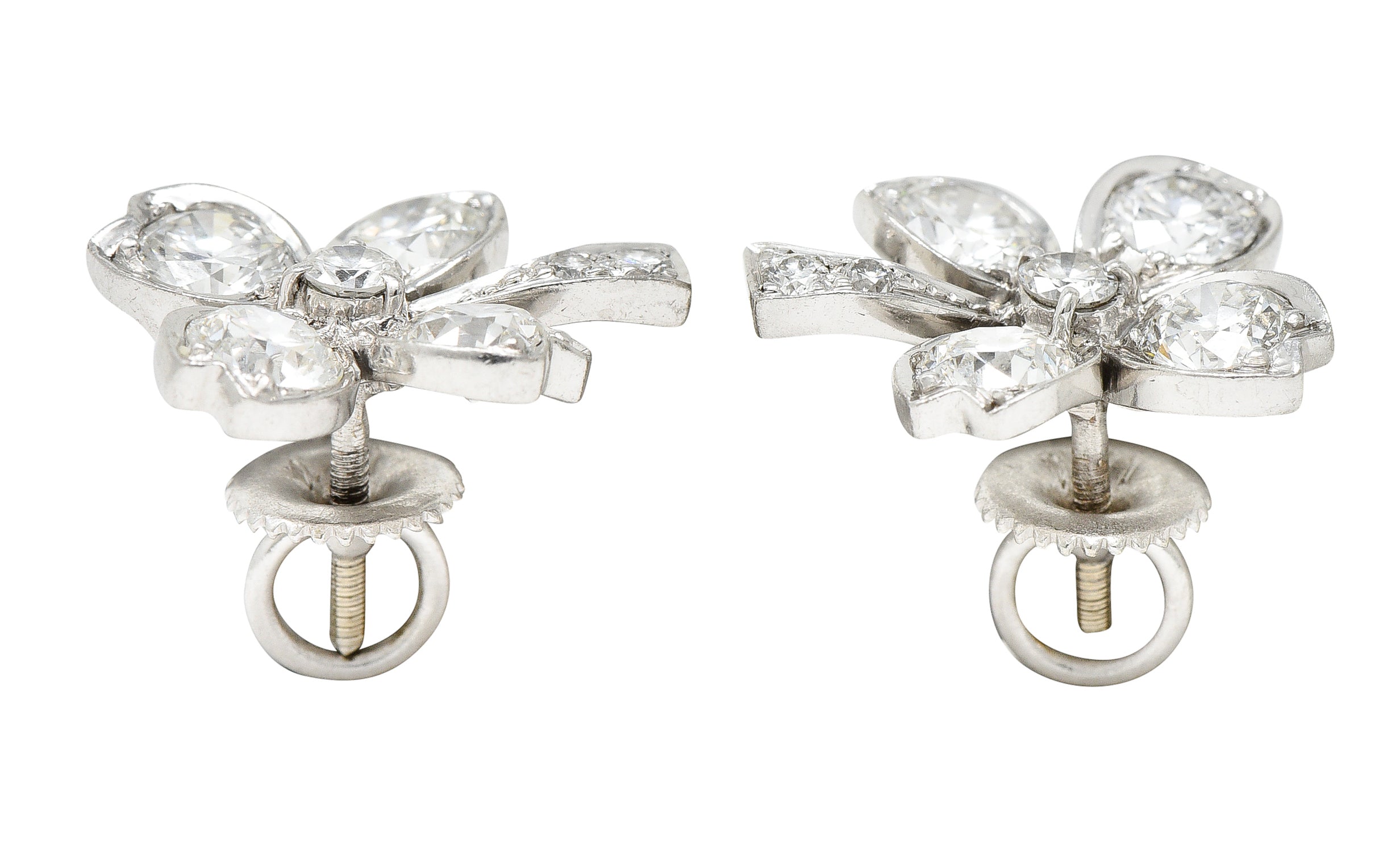 1950's Mid-Century 2.80 CTW Diamond 18 Karat White Gold Vintage Four Leaf Clover Floral Earrings Wilson's Estate Jewelry