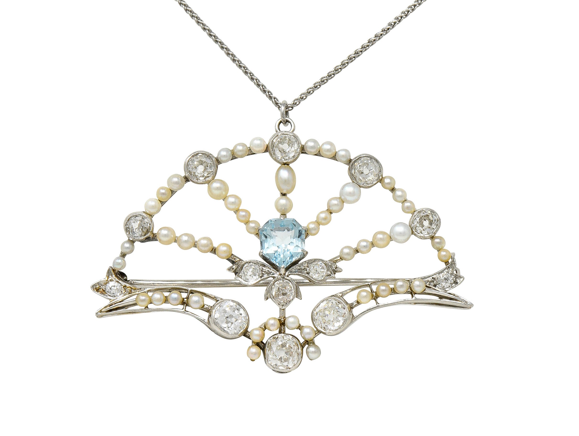 1910 Frank Walter Lawrence Pearl Diamond Platinum Fanned Pendant Brooch NecklaceNecklace - Wilson's Estate Jewelry