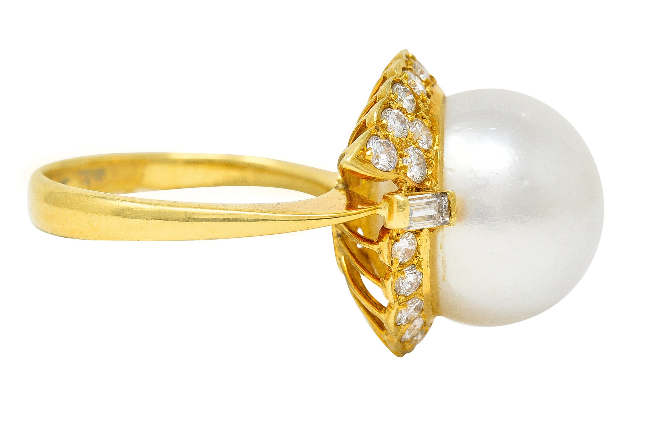 Vintage South Sea Pearl Diamond 18 Karat Yellow Gold Cluster Ring Wilson's Estate Jewelry