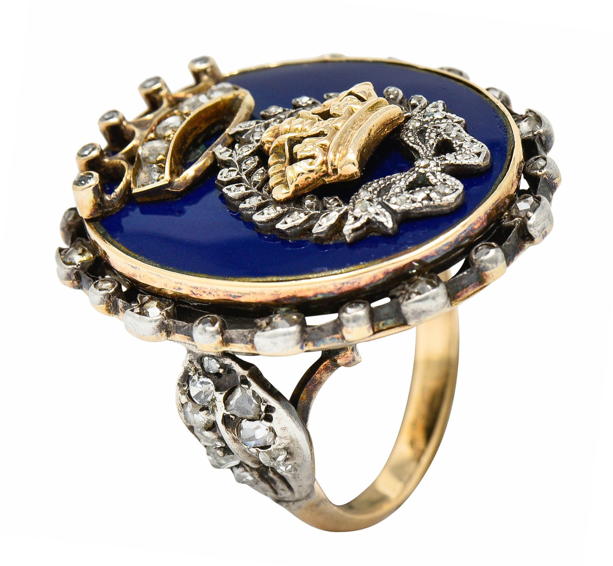 Victorian Enamel Diamond Silver-Topped 14 Karat Gold Crown RingRing - Wilson's Estate Jewelry