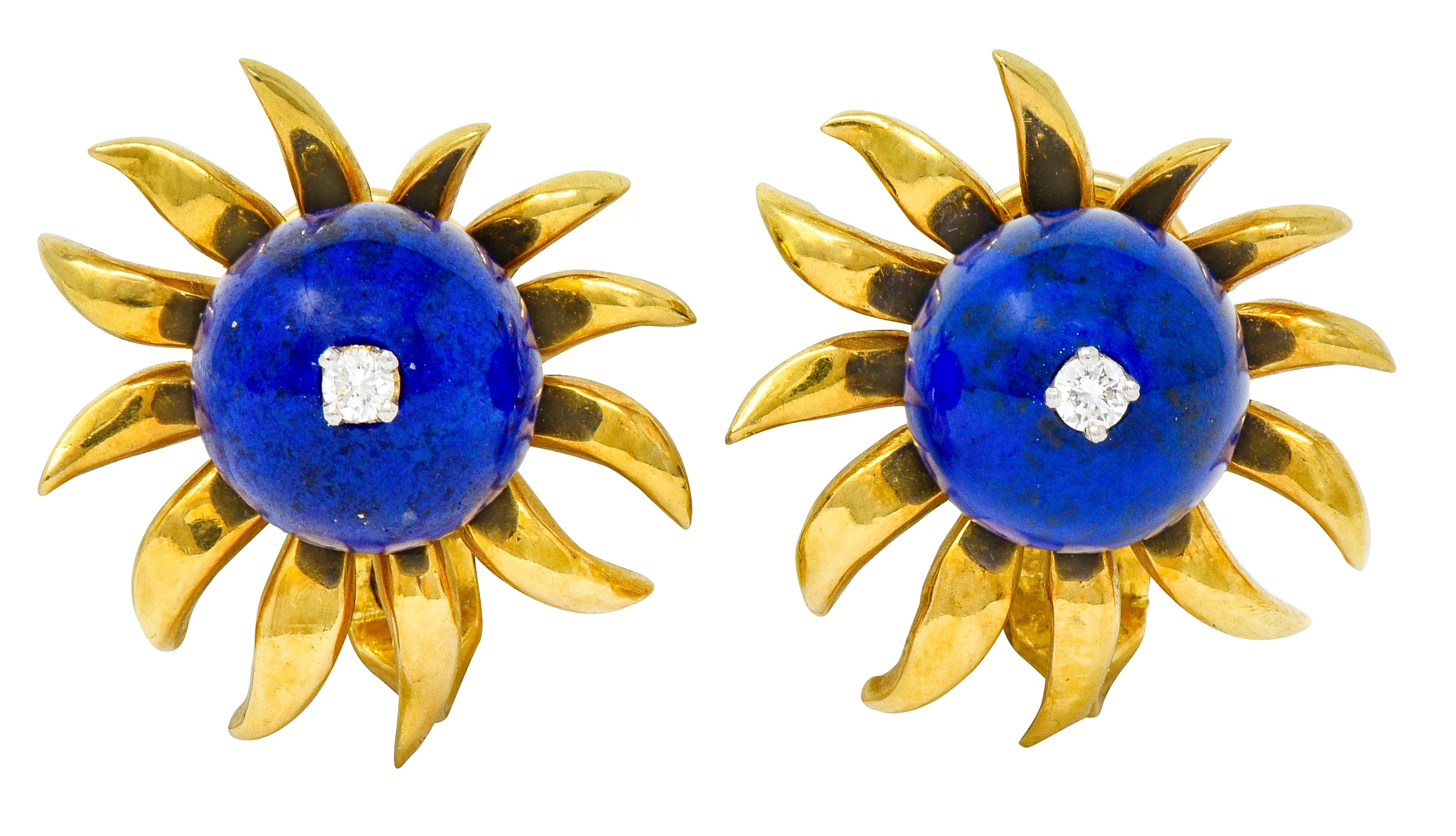 Schlumberger Tiffany & Co. Lapis Diamond 18 Karat Gold Floral Ear-Clip Earrings - Wilson's Estate Jewelry