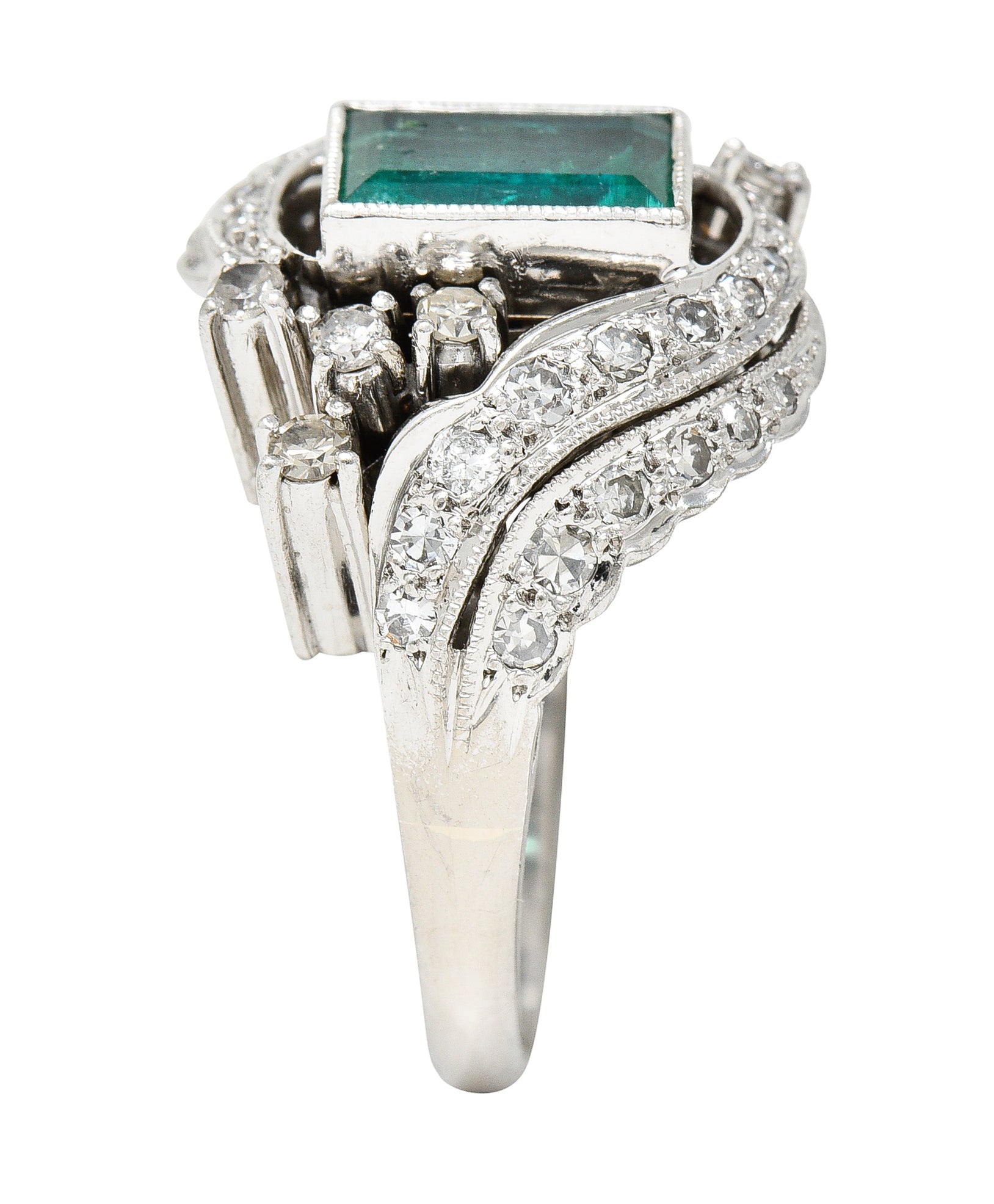 Art Deco 1.90 CTW Emerald Diamond Platinum Bypass Gemstone Cocktail Ring Wilson's Estate Jewelry