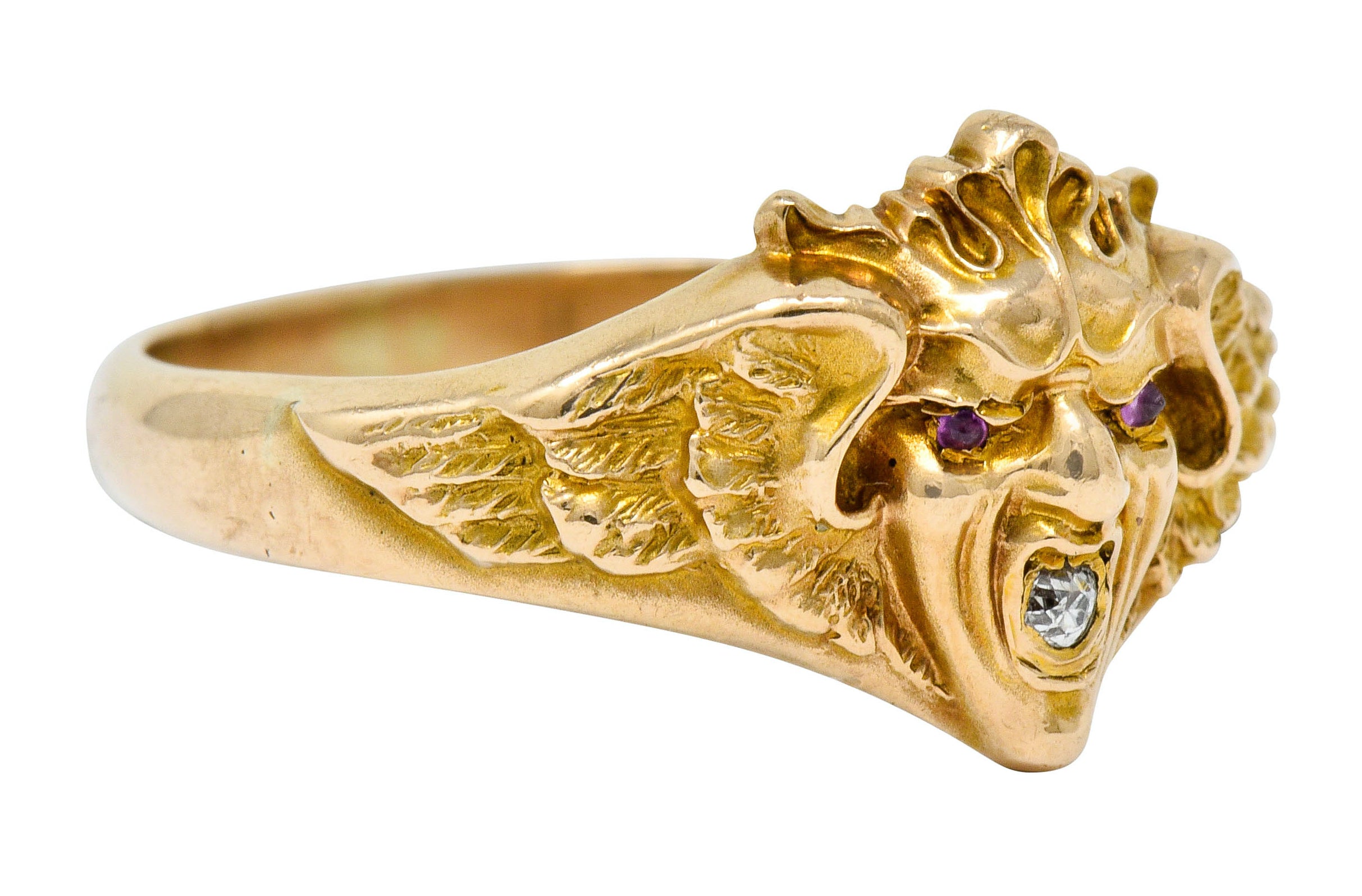 Art Nouveau Diamond Ruby 14 Karat Gold Winged Green Man Band Ring - Wilson's Estate Jewelry