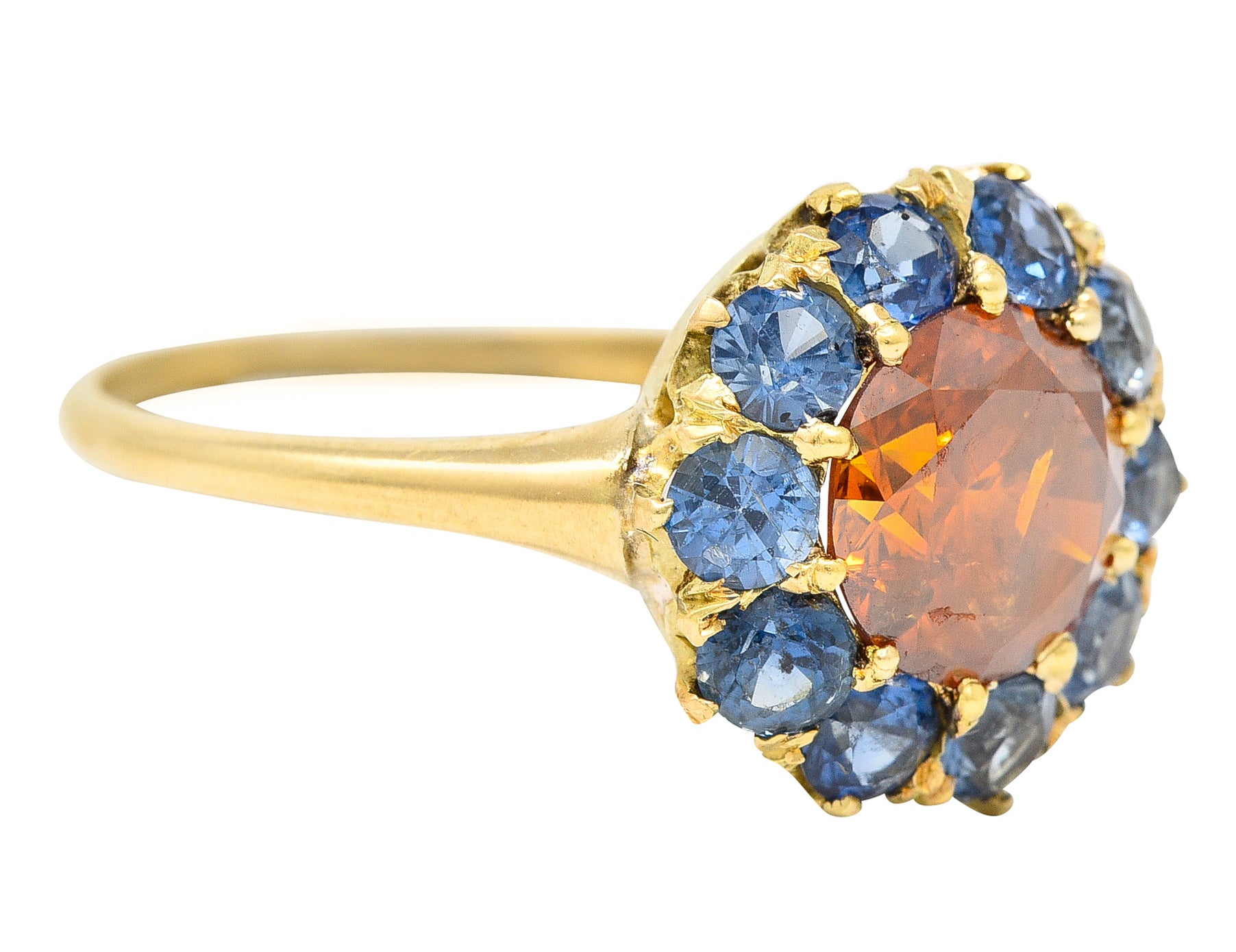 Vintage Fancy Orange Diamond Sapphire 14 Karat Yellow Gold Cluster Ring GIA Wilson's Estate Jewelry