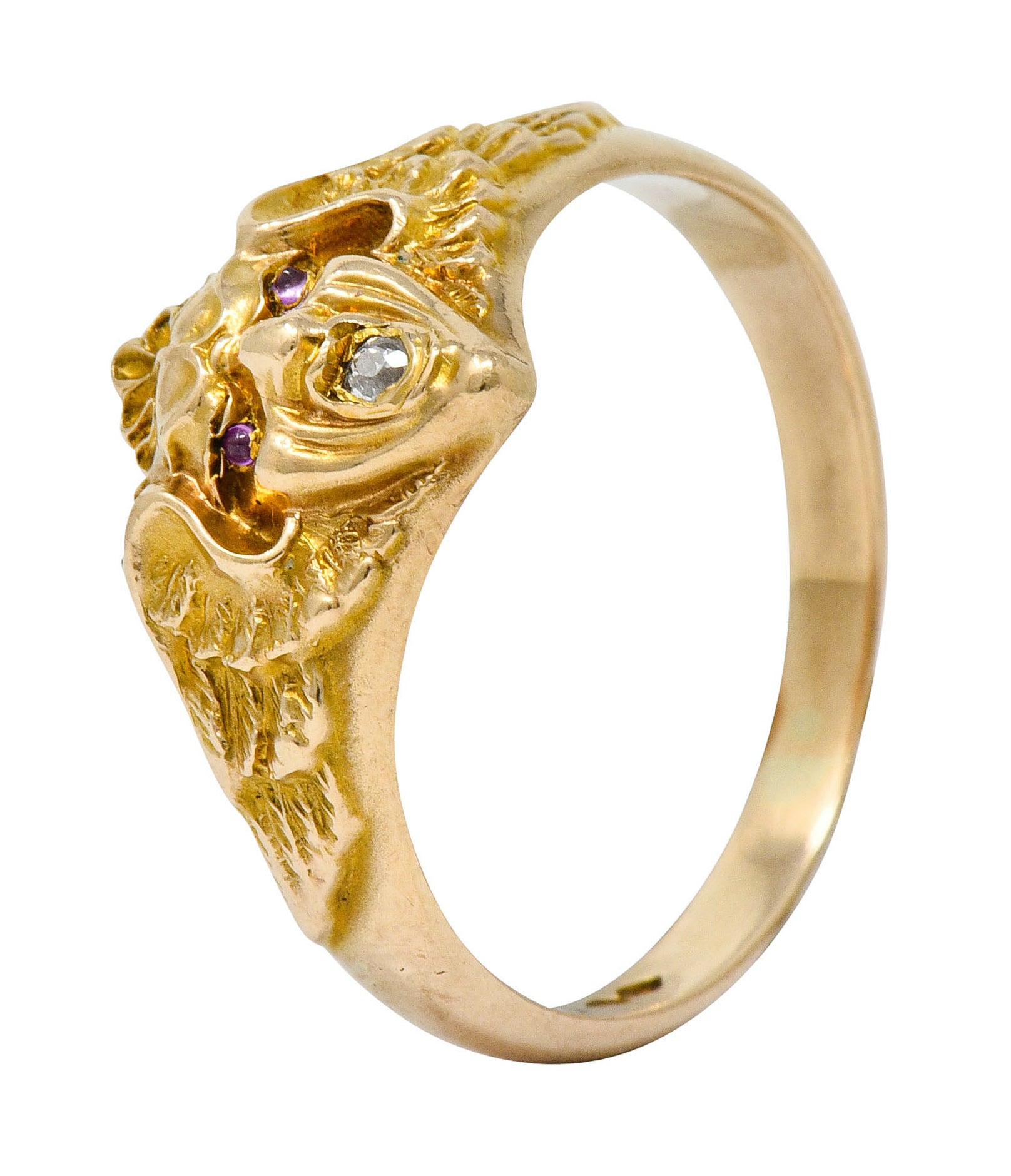 Art Nouveau Diamond Ruby 14 Karat Gold Winged Green Man Band Ring - Wilson's Estate Jewelry