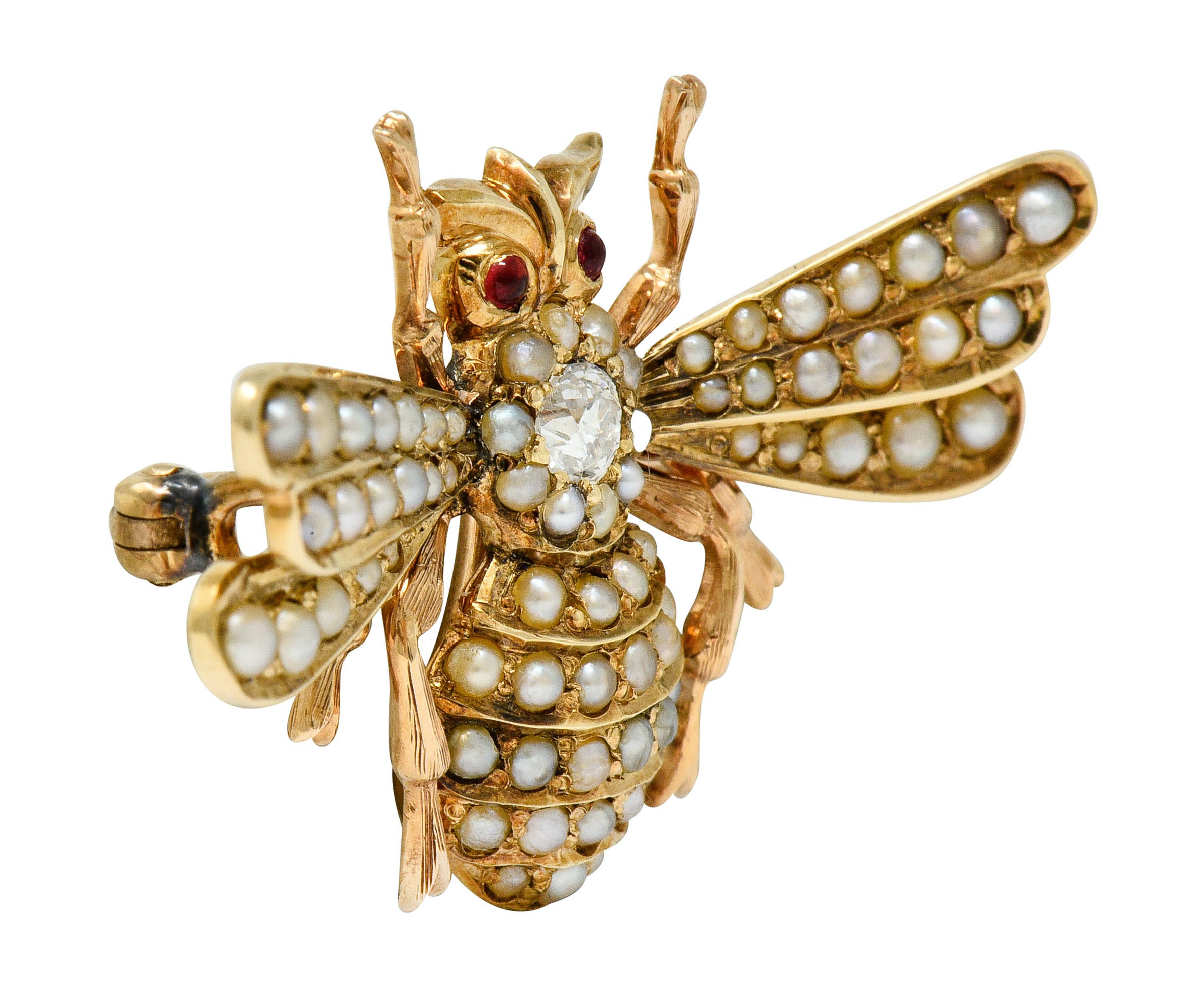 Victorian Diamond Natural Freshwater Pearl 14 Karat Gold Insect Brooch Circa 1900 - Wilson's Estate Jewelry