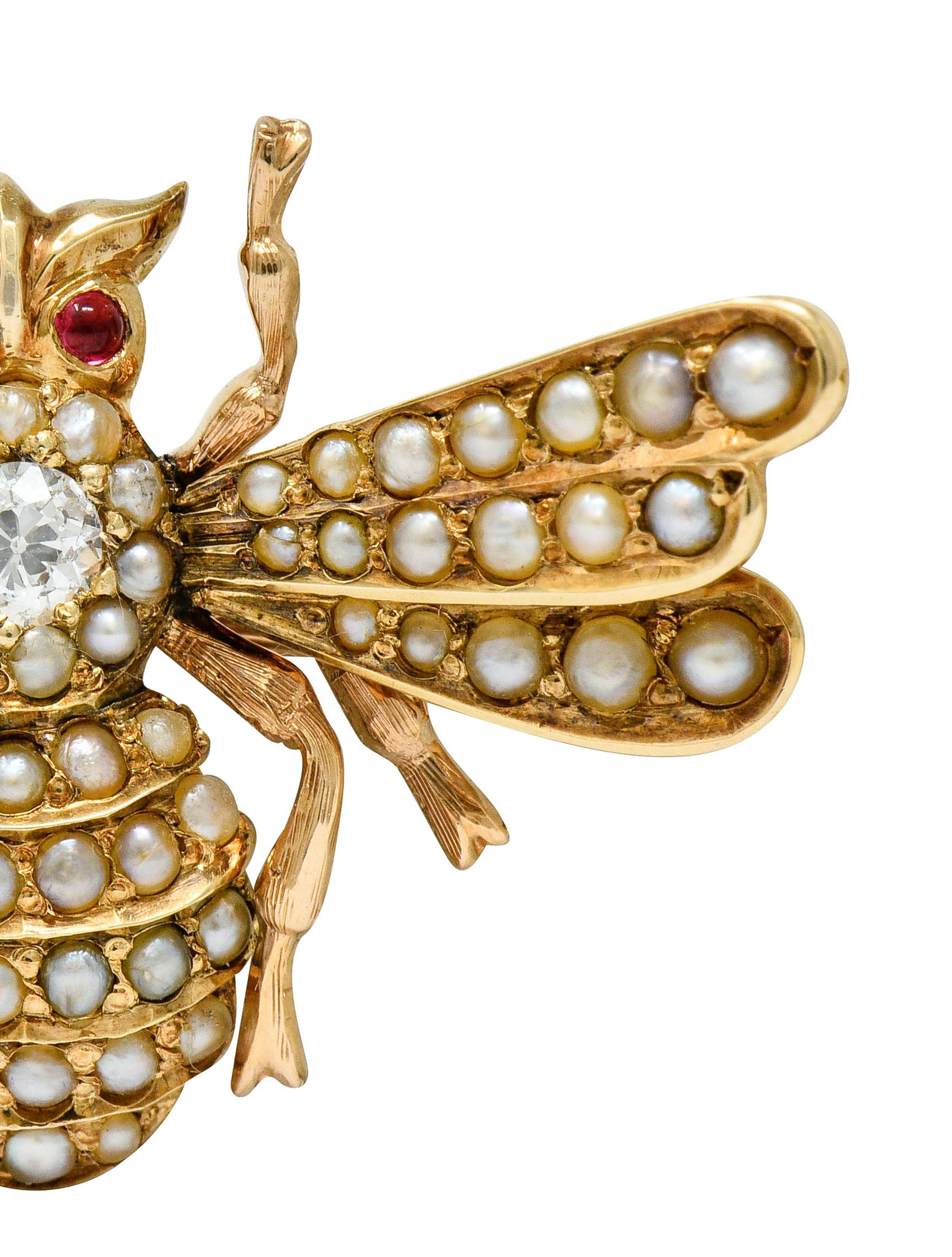 Victorian Diamond Natural Freshwater Pearl 14 Karat Gold Insect Brooch Circa 1900 - Wilson's Estate Jewelry