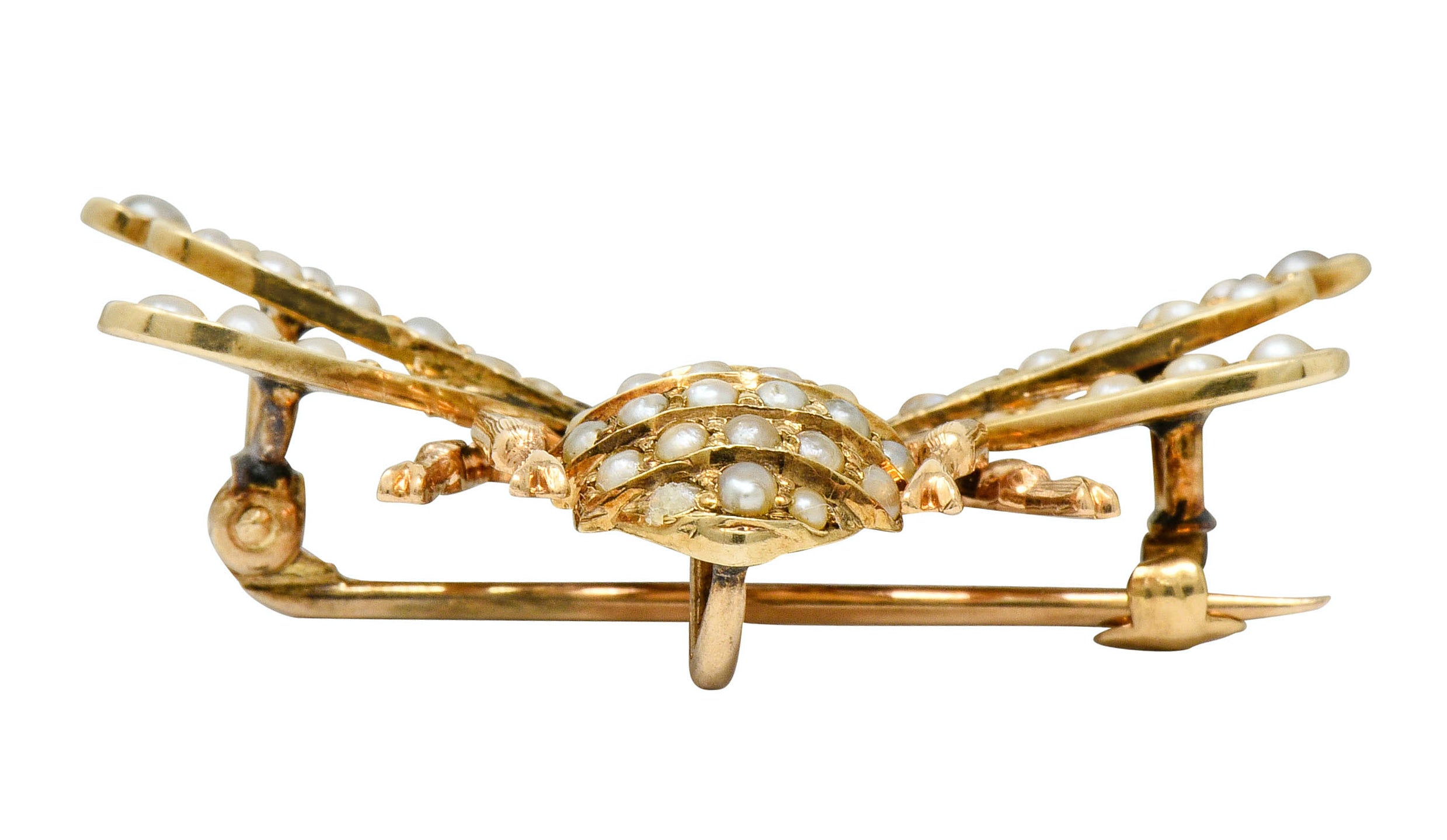 Victorian Diamond Natural Freshwater Pearl 14 Karat Gold Insect Brooch Circa 1900 - Wilson's Estate Jewelry