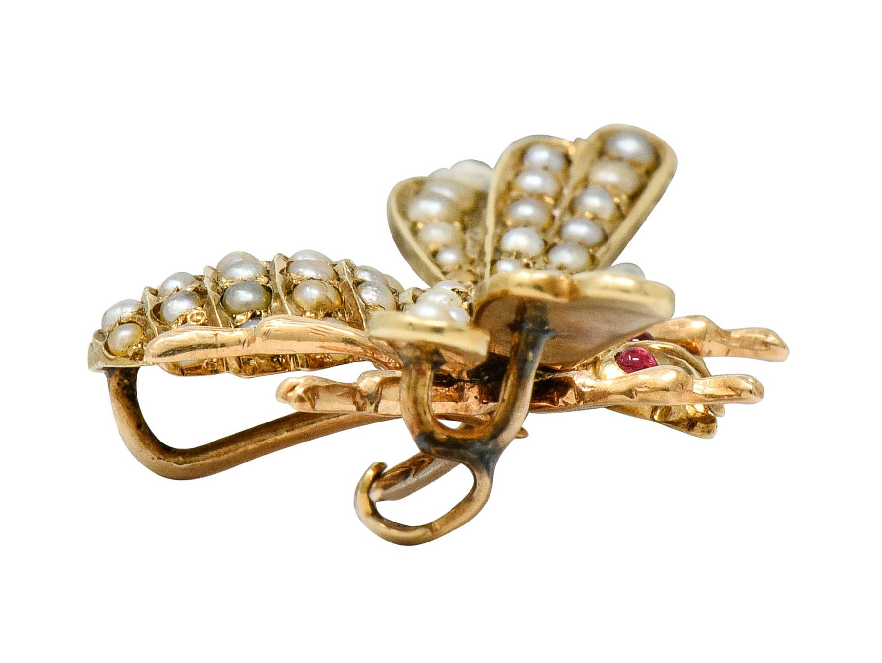 Victorian Diamond Natural Freshwater Pearl 14 Karat Gold Insect Brooch Circa 1900 - Wilson's Estate Jewelry