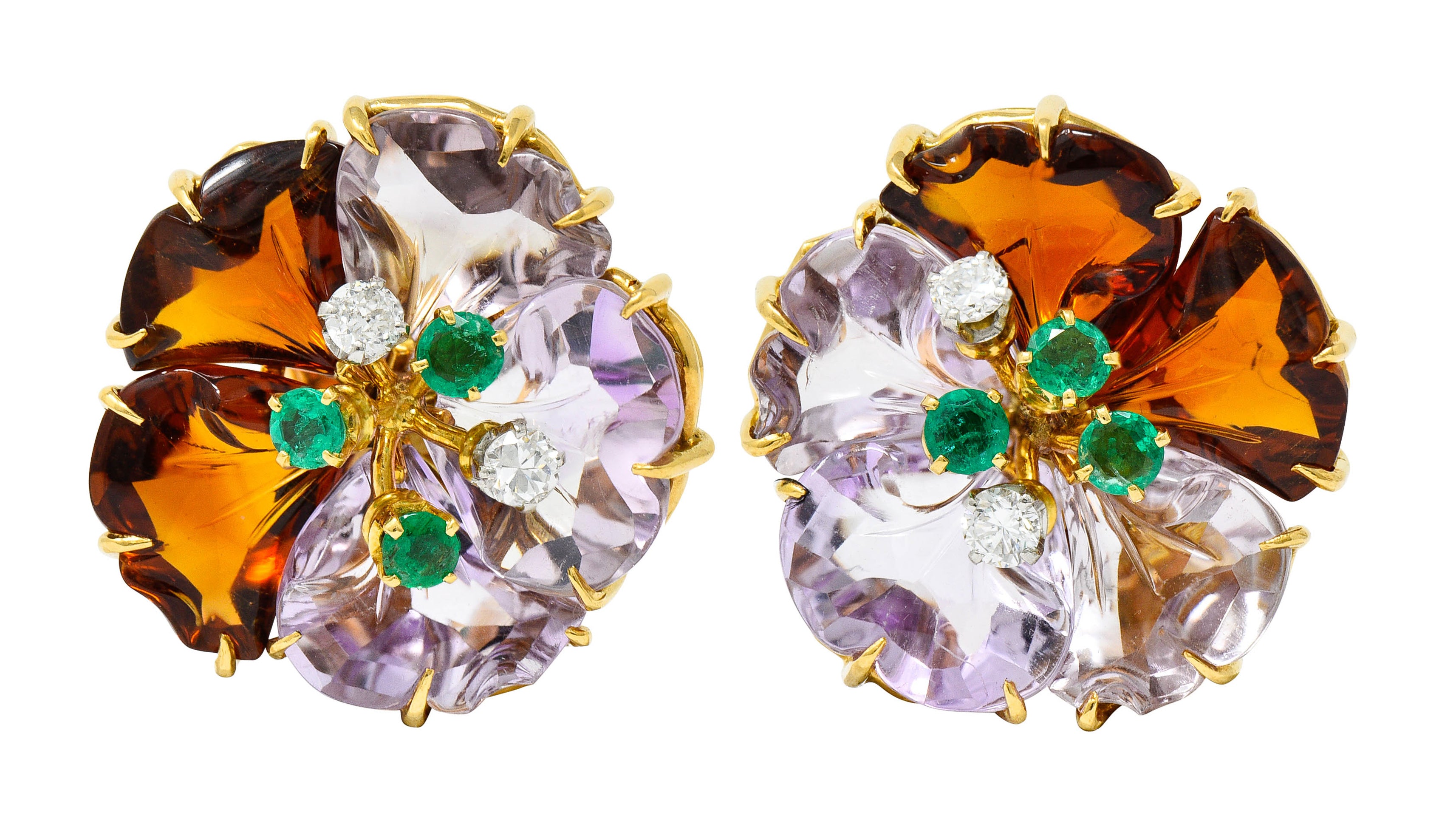 Boucheron Paris Diamond Emerald Citrine Amethyst 18 Karat Gold Flower Ear-Clip EarringsEarrings - Wilson's Estate Jewelry