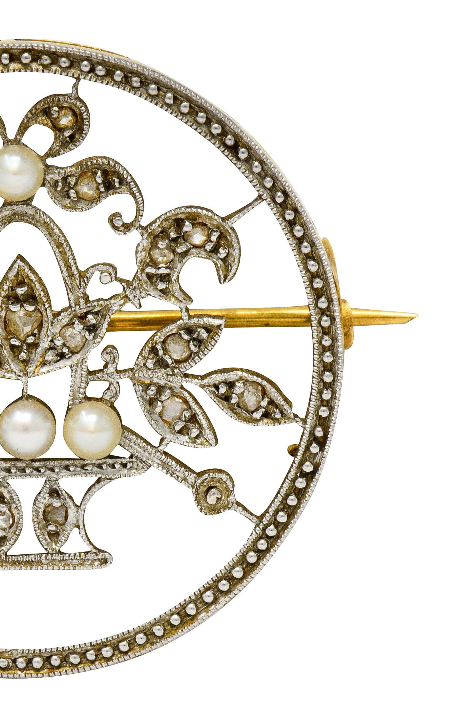 Edwardian Diamond Pearl Platinum-Topped 18 Karat Gold French Giardinetto Brooch - Wilson's Estate Jewelry