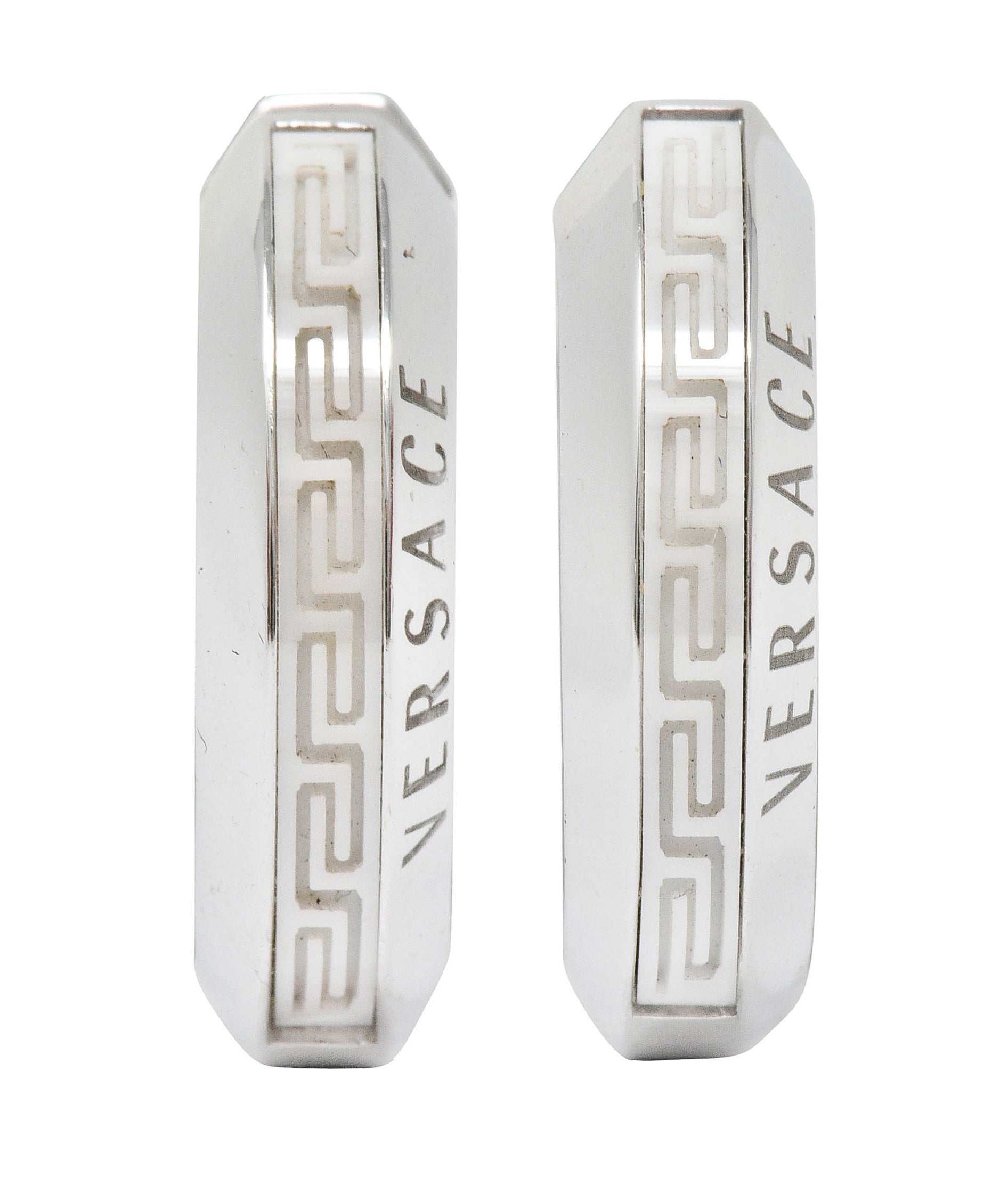 Versace Hardstone 18 Karat White Gold Greek Key Contemporary Hoop Earrings - Wilson's Estate Jewelry