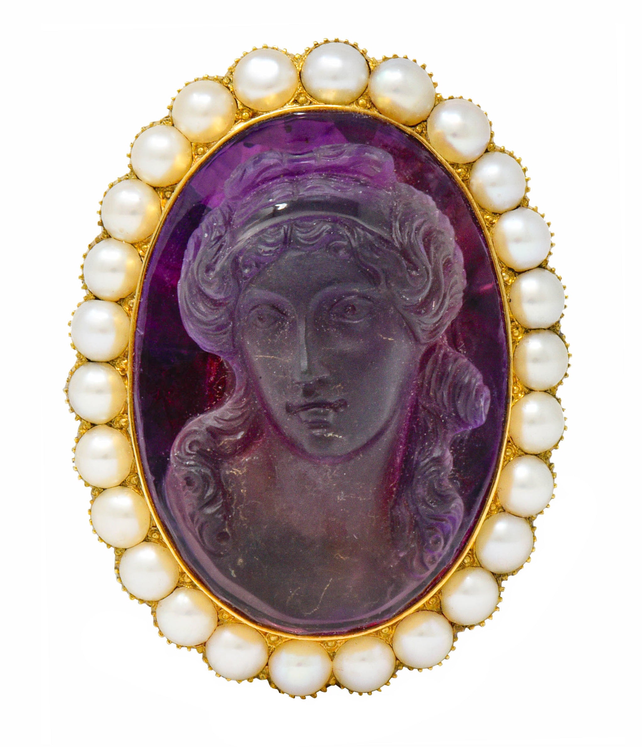 Victorian Amethyst Pearl 14 Karat Gold Cameo Cluster Pendant Brooch - Wilson's Estate Jewelry