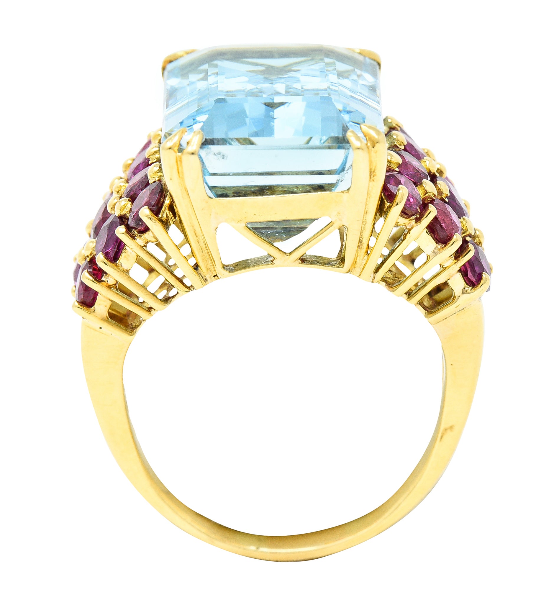 Retro 17.12 CTW Emerald Cut Aquamarine Ruby 18 Karat Yellow Gold Vintage Cocktail Ring Wilson's Estate Jewelry