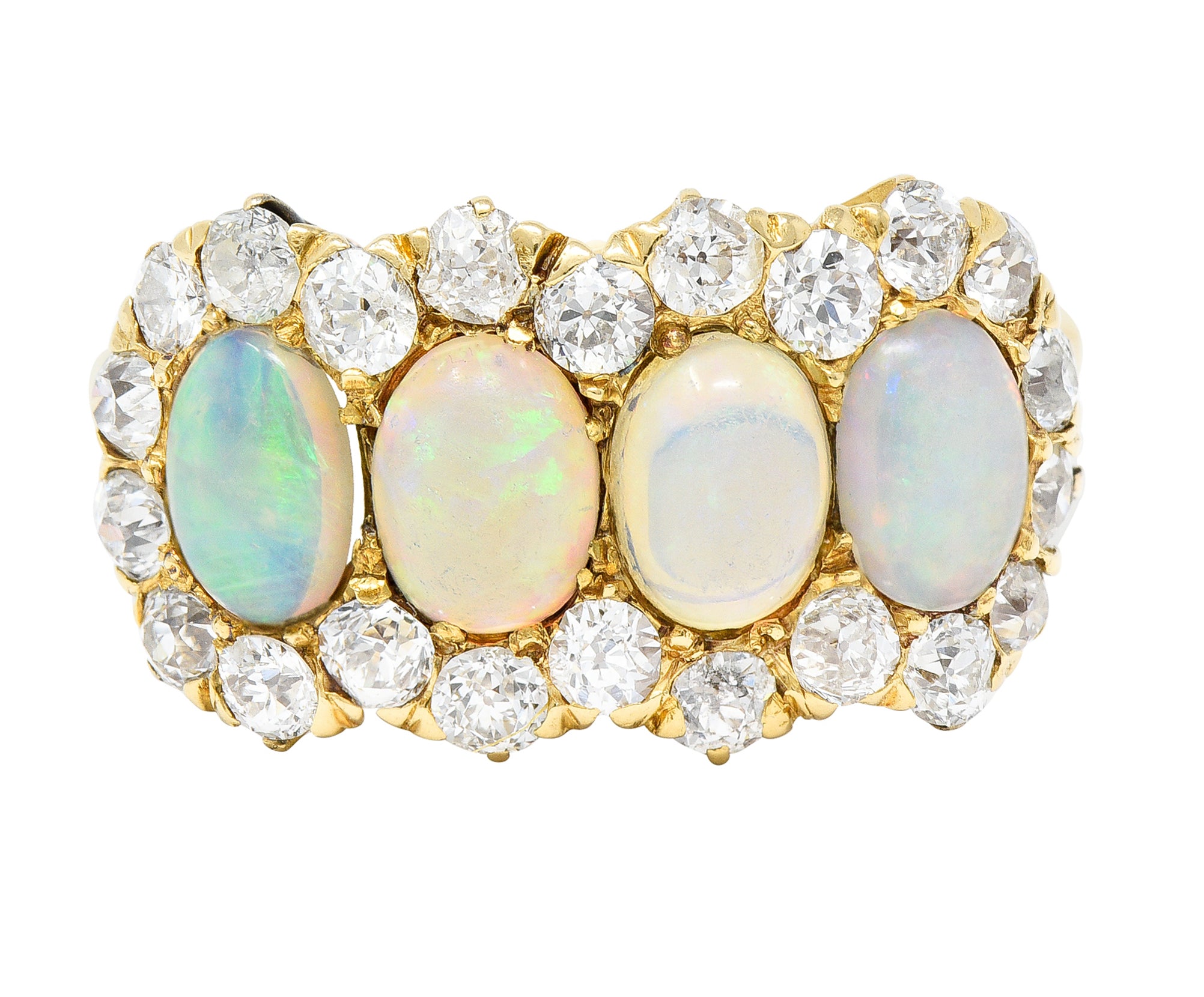 Victorian 1.32 CTW Opal Cabochon Old European Cut Diamond 18 Karat Yellow Gold Antique Cluster Ring Wilson's Estate Jewelry