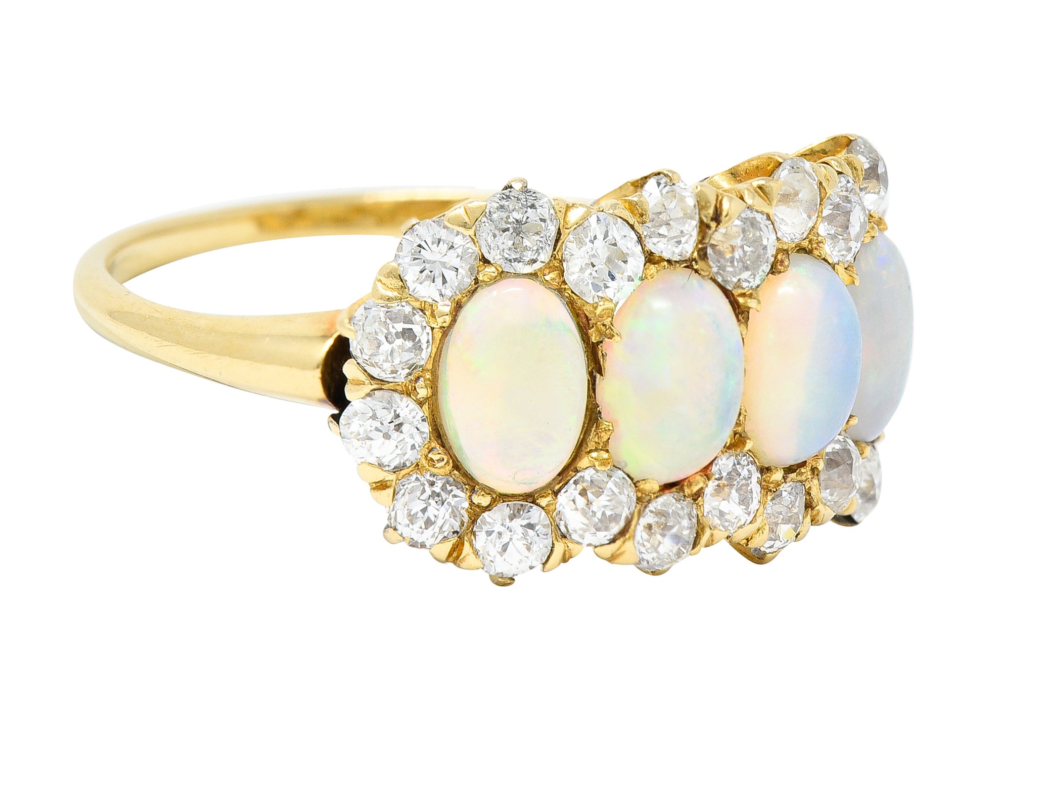 Victorian 1.32 CTW Opal Cabochon Old European Cut Diamond 18 Karat Yellow Gold Antique Cluster Ring Wilson's Estate Jewelry