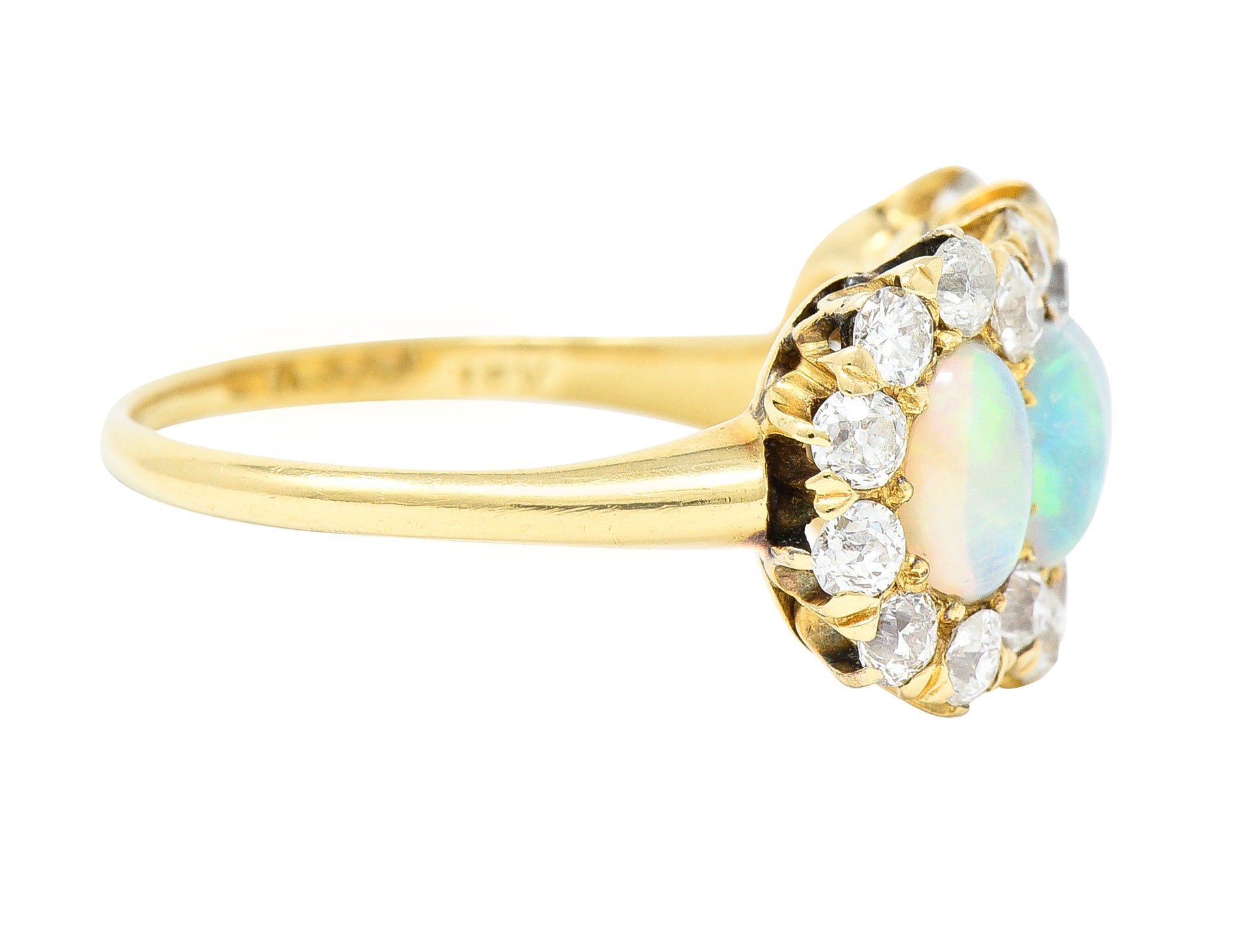 Victorian 1.32 CTW Opal Cabochon Old European Cut Diamond 18 Karat Yellow Gold Antique Cluster Ring Wilson's Estate Jewelry