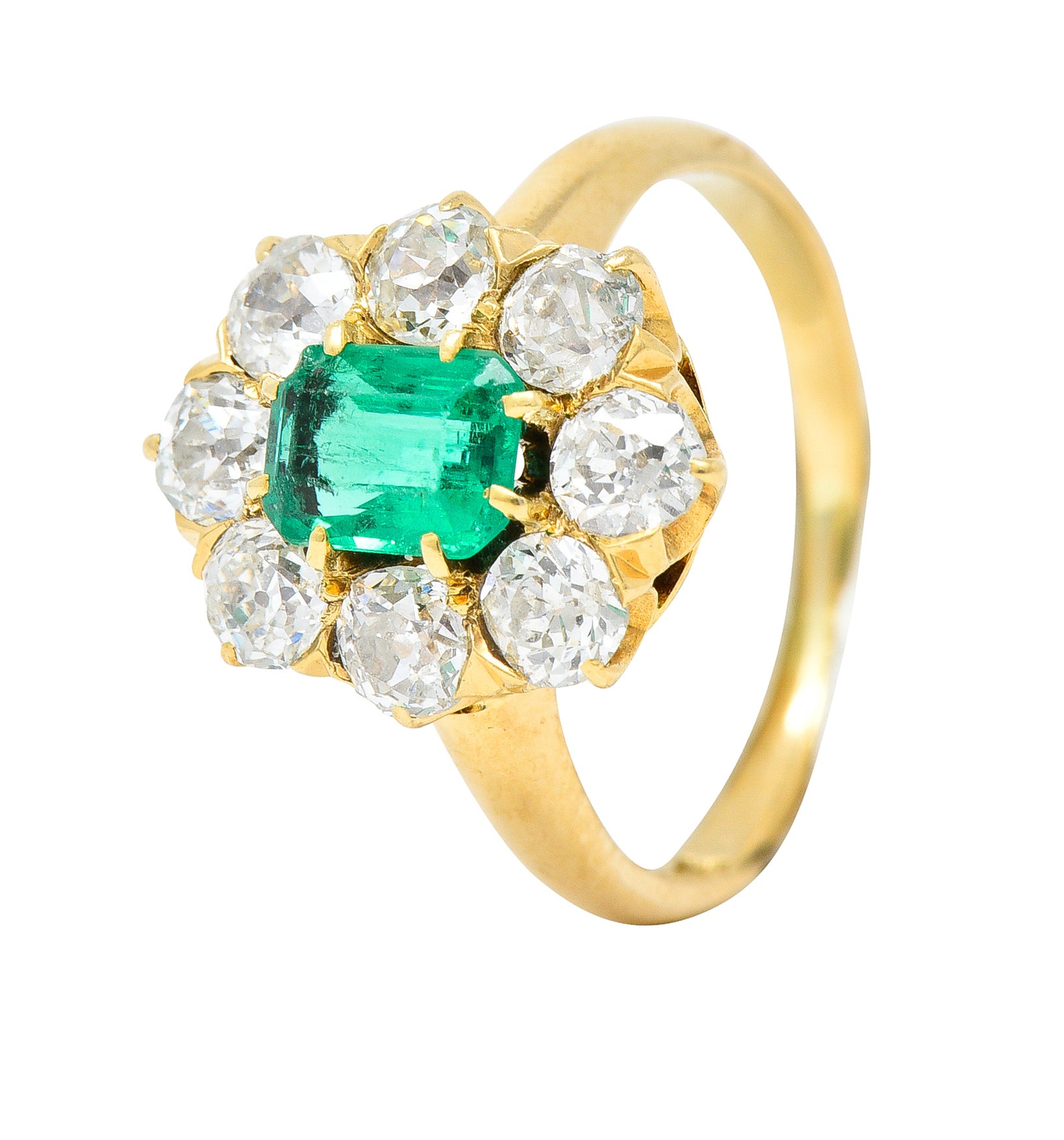 Edwardian 1.54 CTW Emerald Old European Cut Diamond 18 Karat Yellow Gold Antique Cluster Ring Wilson's Estate Jewelry