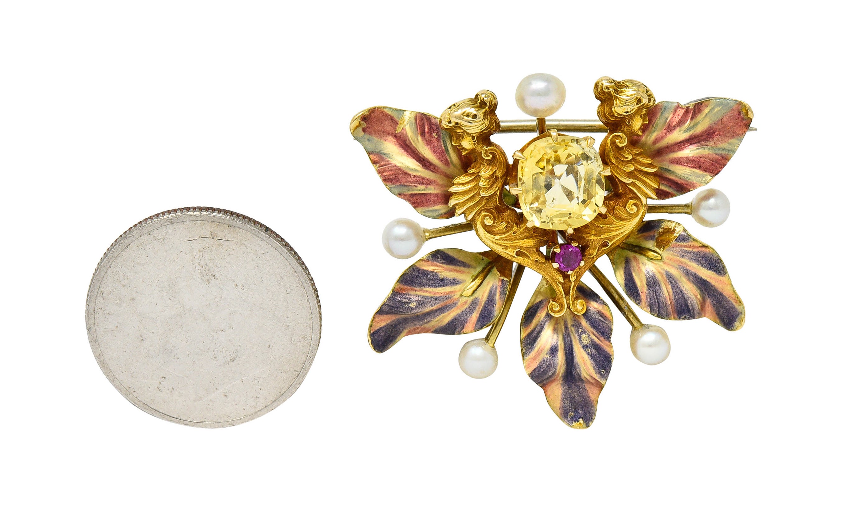 Art Nouveau Yellow Sapphire Pearl Ruby 14 Karat Gold Fairy Pendant BroochBrooch - Wilson's Estate Jewelry