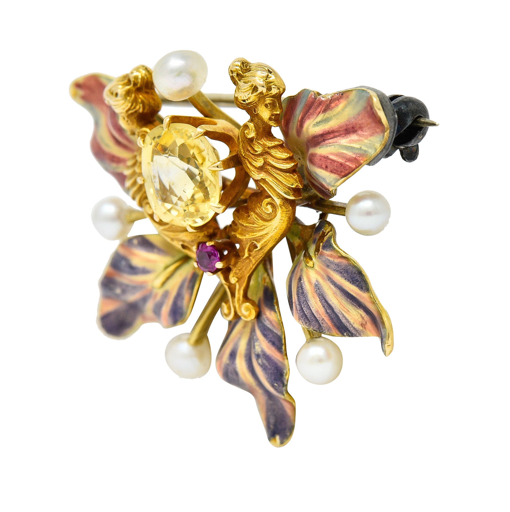 Art Nouveau Yellow Sapphire Pearl Ruby 14 Karat Gold Fairy Pendant BroochBrooch - Wilson's Estate Jewelry