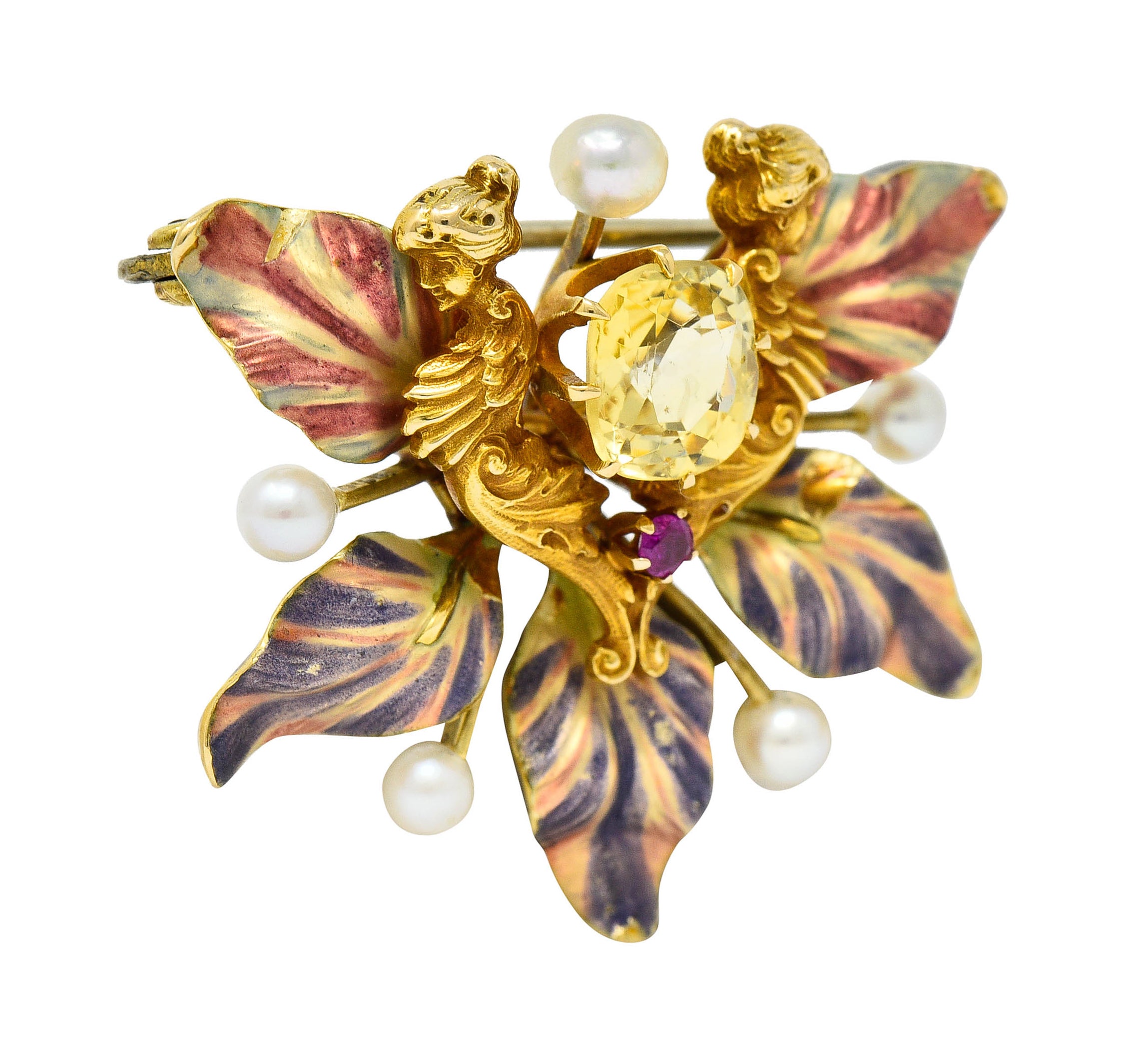 Art Nouveau Yellow Sapphire Pearl Ruby 14 Karat Gold Fairy Pendant BroochBrooch - Wilson's Estate Jewelry