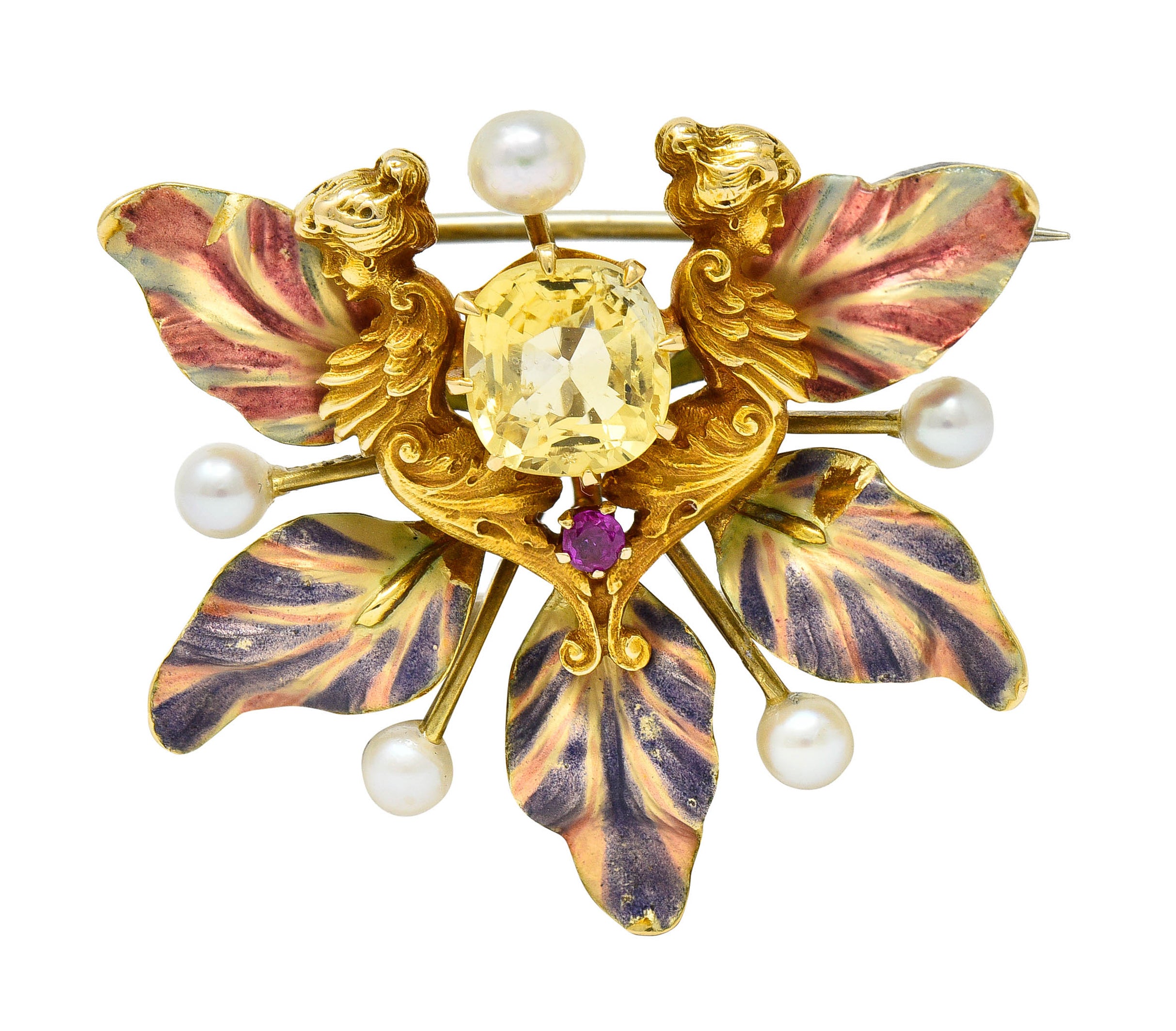 Art Nouveau Yellow Sapphire Pearl Ruby 14 Karat Gold Fairy Pendant BroochBrooch - Wilson's Estate Jewelry