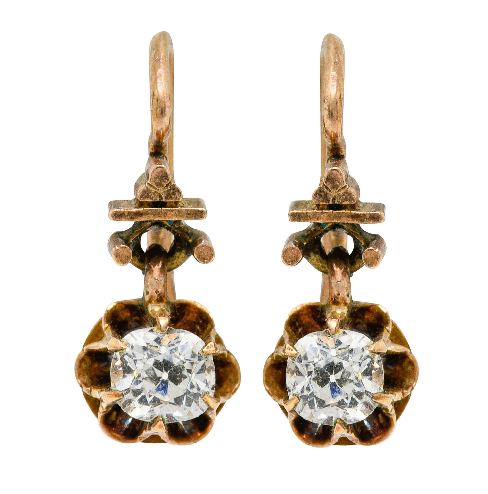 Victorian 0.84 CTW Old Mine Diamonds 14 Karat Gold Belcher Drop Earrings - Wilson's Estate Jewelry