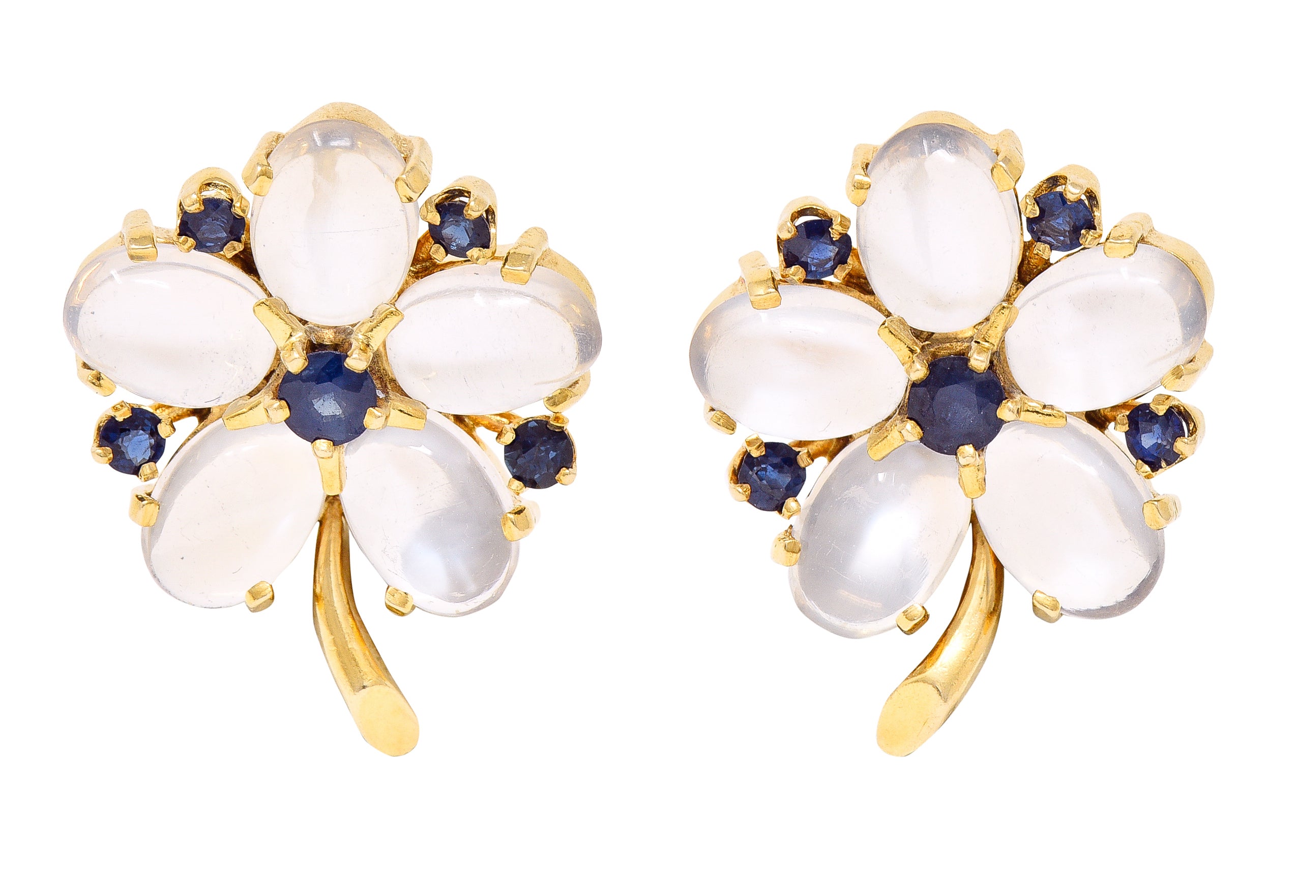 Retro Moonstone Cabochon Sapphire 14 Karat Yellow Gold Flower Vintage Stud Earrings Wilson's Estate Jewelry