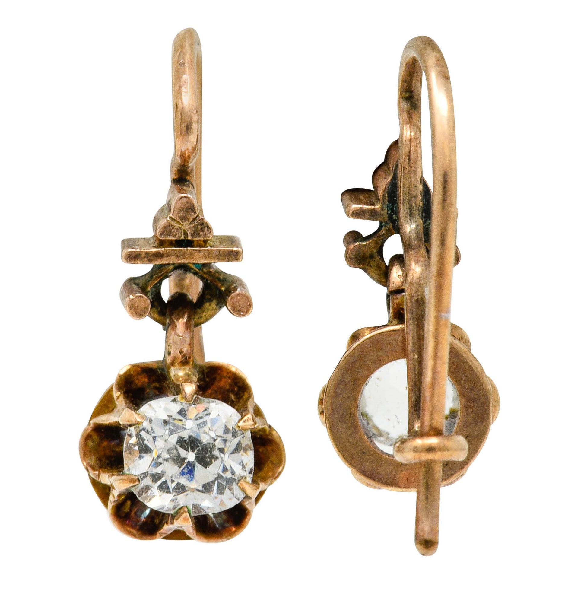 Victorian 0.84 CTW Old Mine Diamonds 14 Karat Gold Belcher Drop Earrings - Wilson's Estate Jewelry