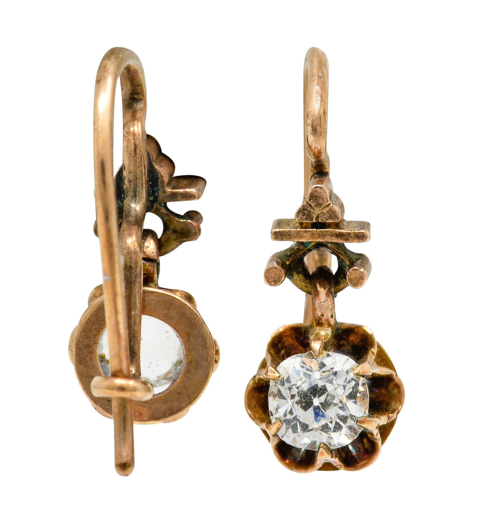 Victorian 0.84 CTW Old Mine Diamonds 14 Karat Gold Belcher Drop Earrings - Wilson's Estate Jewelry