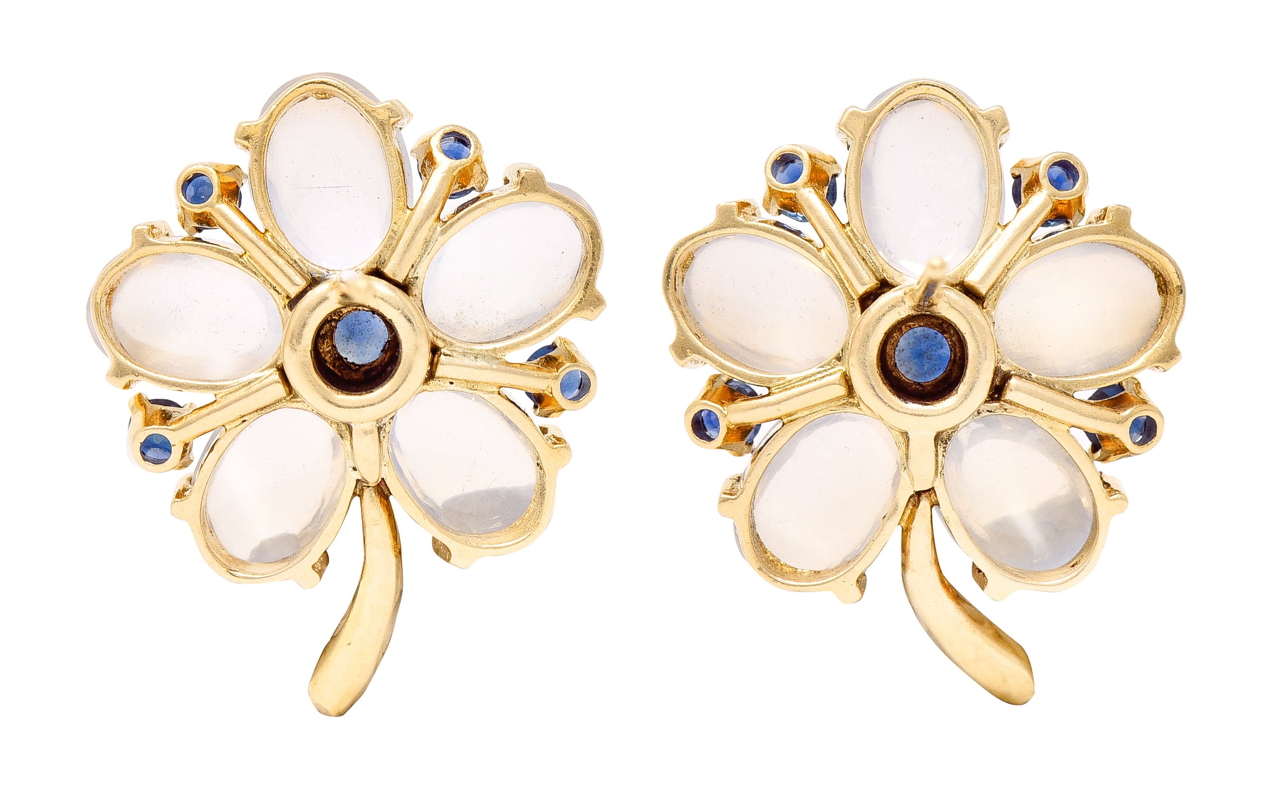 Retro Moonstone Cabochon Sapphire 14 Karat Yellow Gold Flower Vintage Stud Earrings Wilson's Estate Jewelry