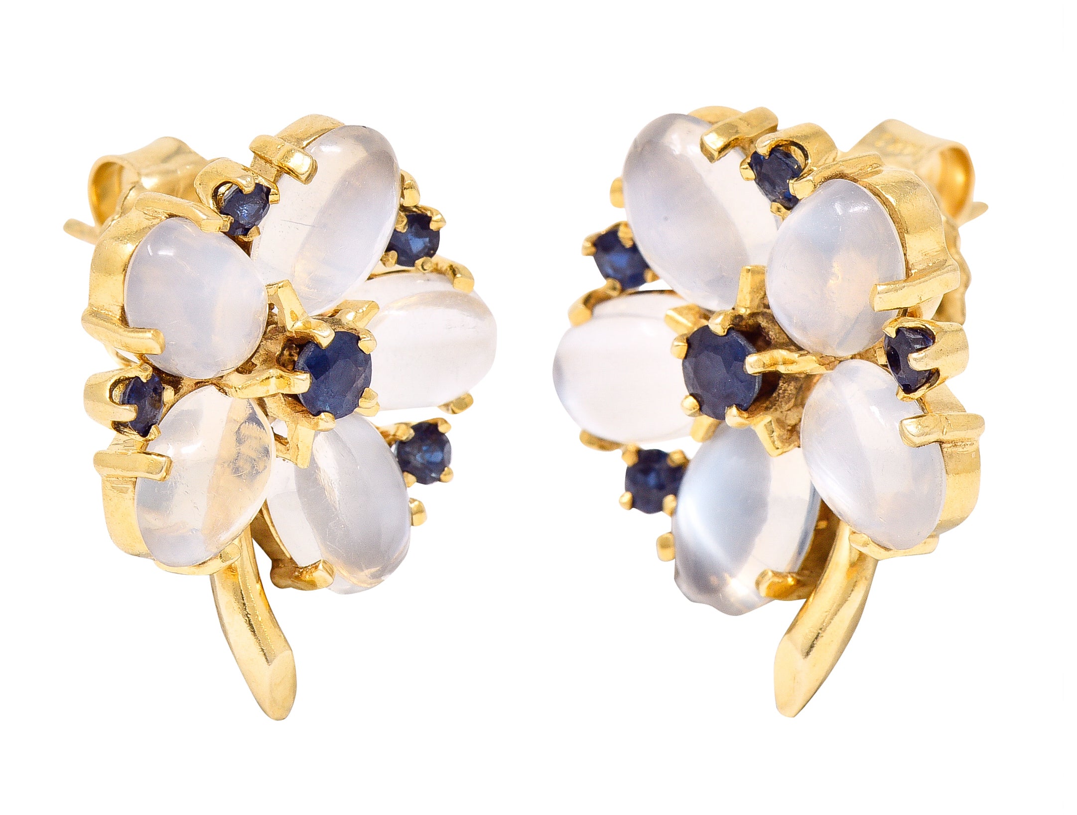 Retro Moonstone Cabochon Sapphire 14 Karat Yellow Gold Flower Vintage Stud Earrings Wilson's Estate Jewelry