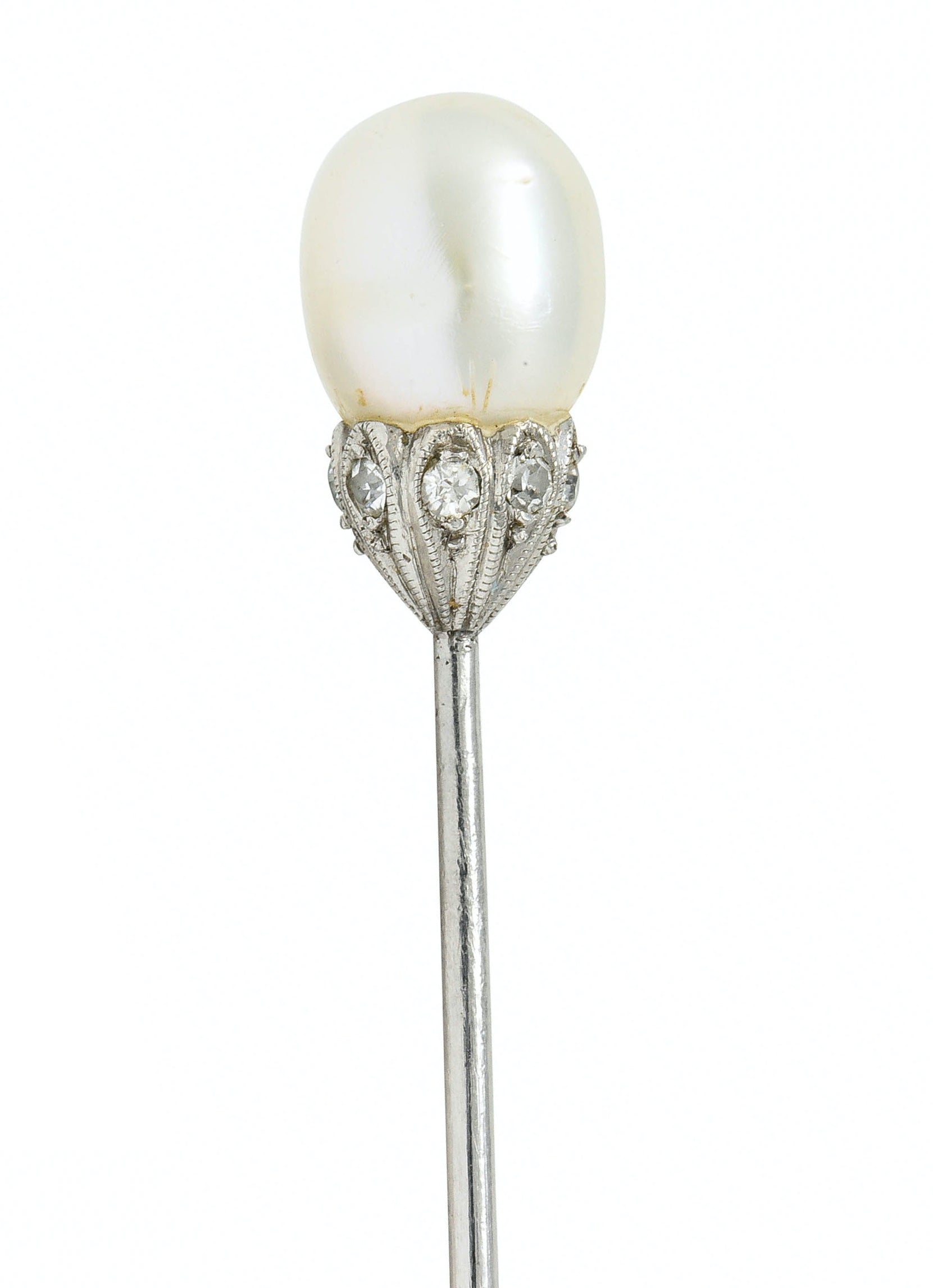 Edwardian Natural Freshwater Pearl Diamond Platinum Stickpin GIAStick Pin - Wilson's Estate Jewelry