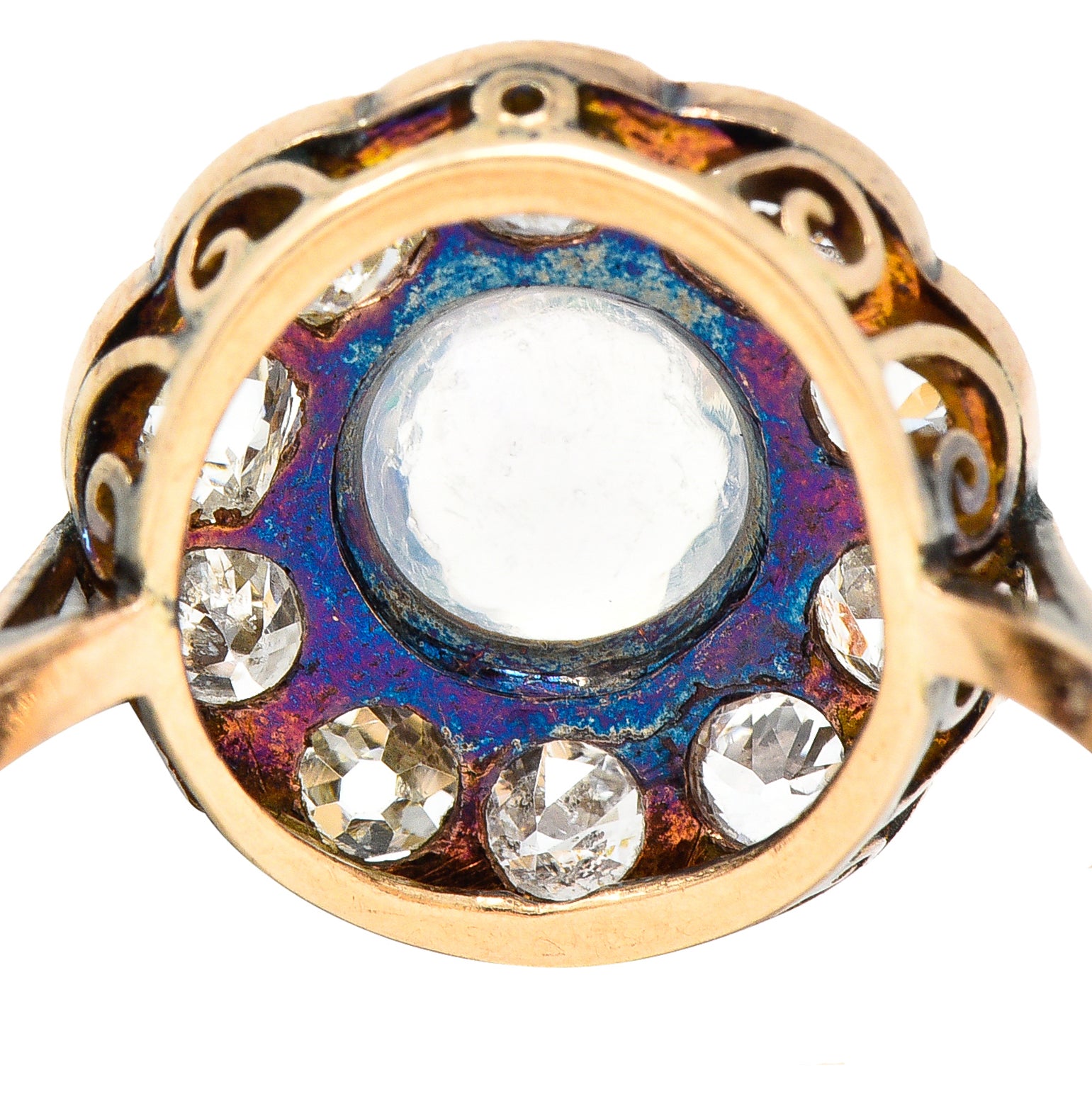 Victorian 1.08 CTW Jelly Opal Cabochon Old Mine Cut Diamond 18 Karat Rose Gold Antique Halo Ring Wilson's Estate Jewelry