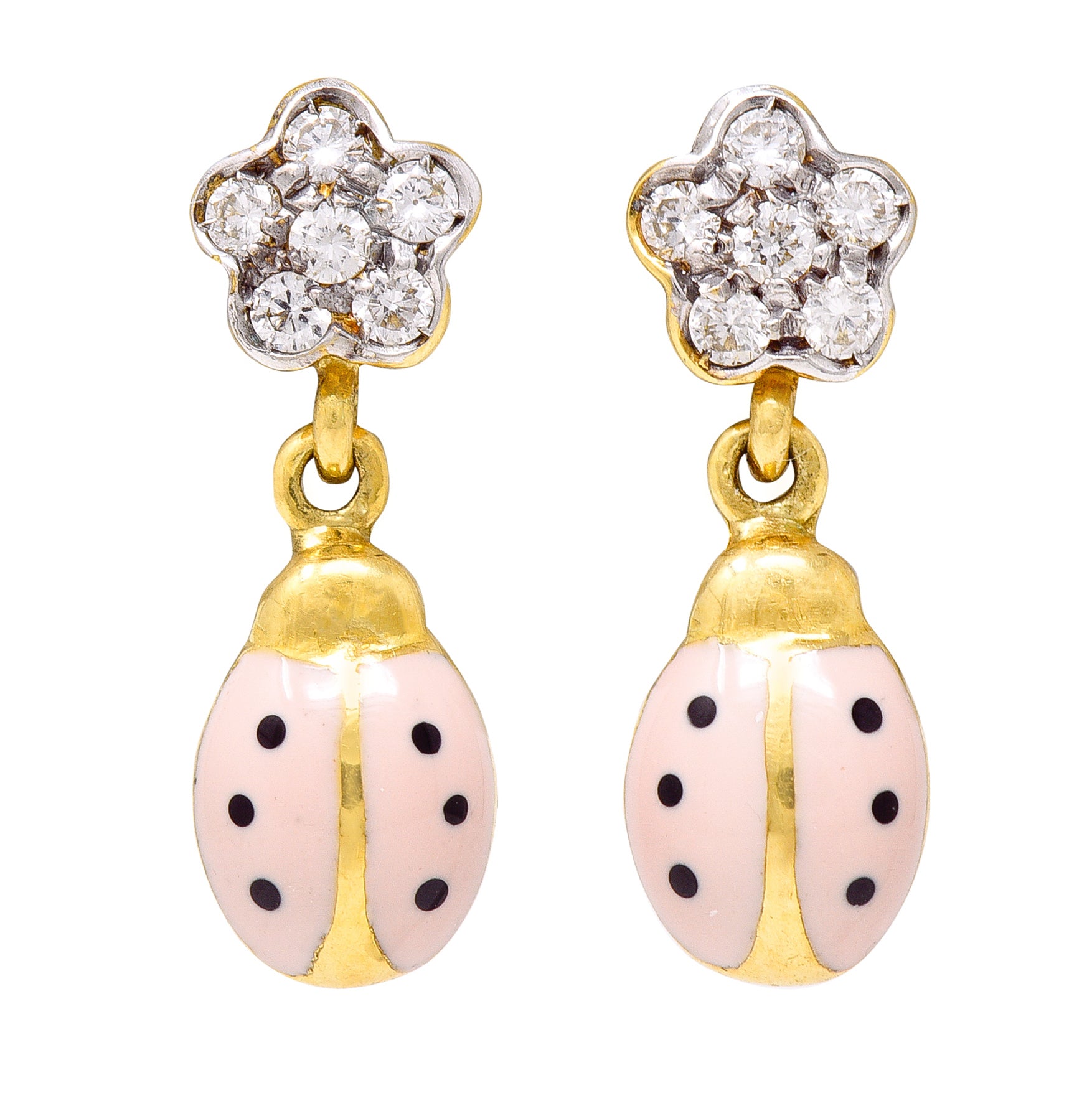 Aaron Basha Diamond Pink Enamel 18 Karat Two-Tone Ladybug Drop Earrings Wilson's Estate Jewelry