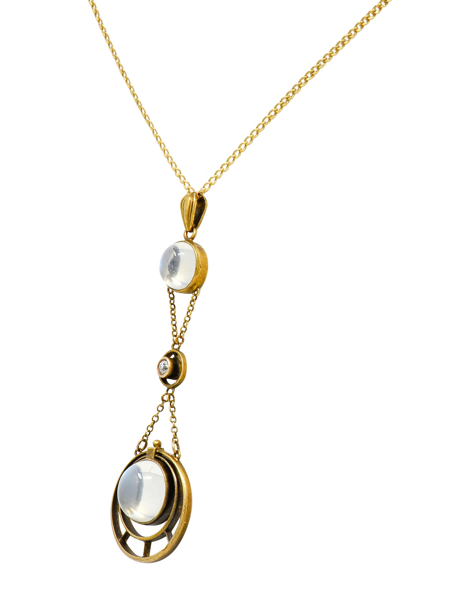 Art Nouveau Moonstone Diamond 14 Karat Gold Drop Swag Necklace - Wilson's Estate Jewelry