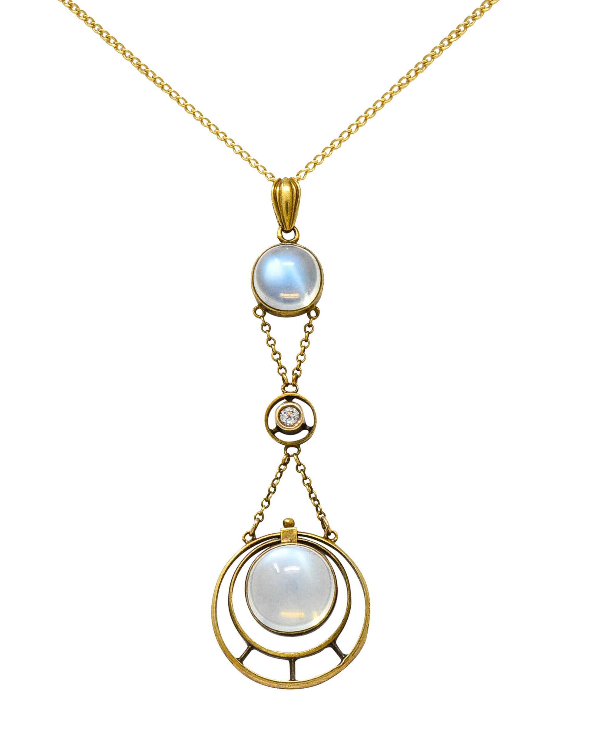 Art Nouveau Moonstone Diamond 14 Karat Gold Drop Swag Necklace - Wilson's Estate Jewelry