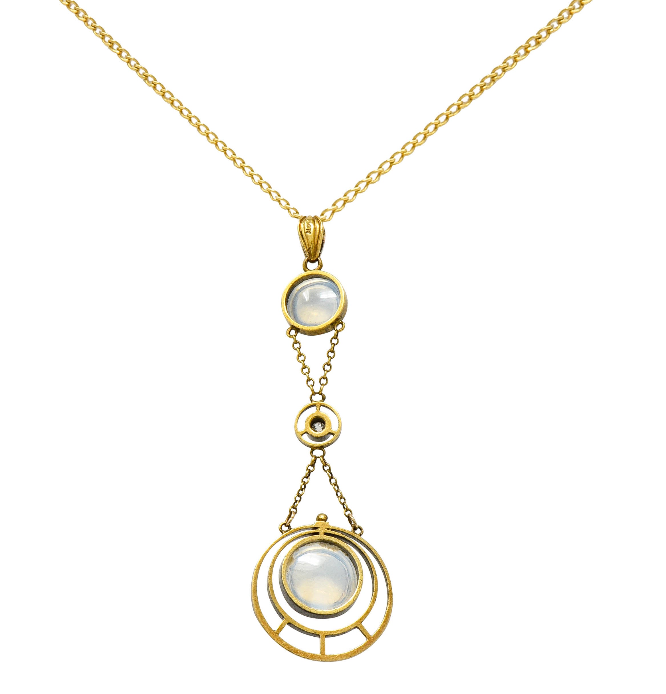 Art Nouveau Moonstone Diamond 14 Karat Gold Drop Swag Necklace - Wilson's Estate Jewelry