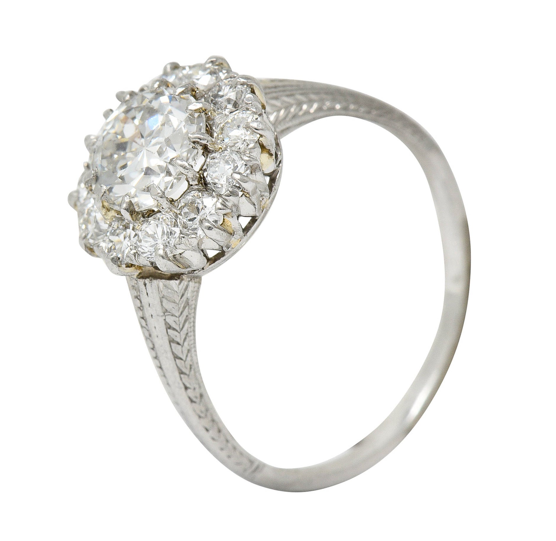 Early Art Deco 1.50 CTW Diamond Platinum Cluster Engagement Ring GIARing - Wilson's Estate Jewelry