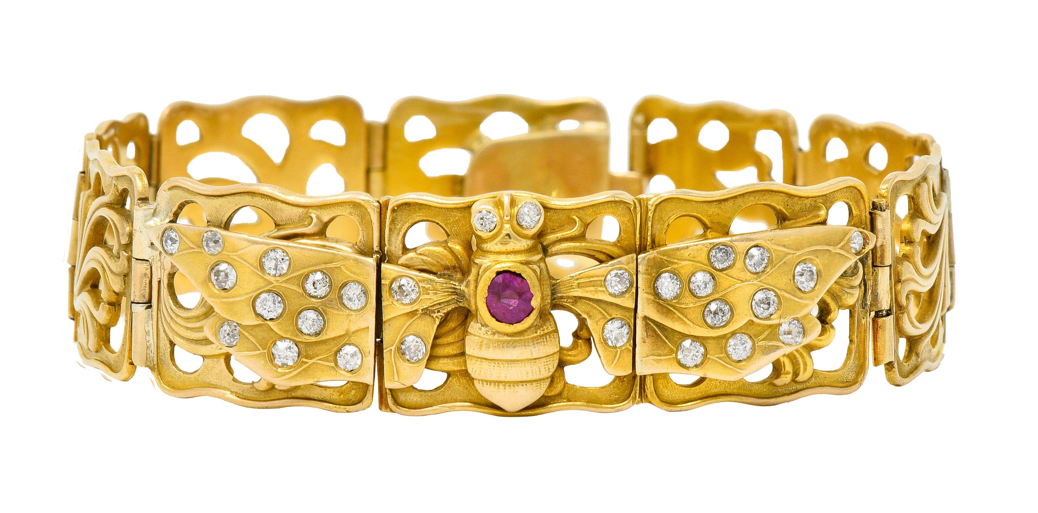 Art Nouveau Ruby Diamond 14 Karat Gold Bee Link Braceletbracelet - Wilson's Estate Jewelry