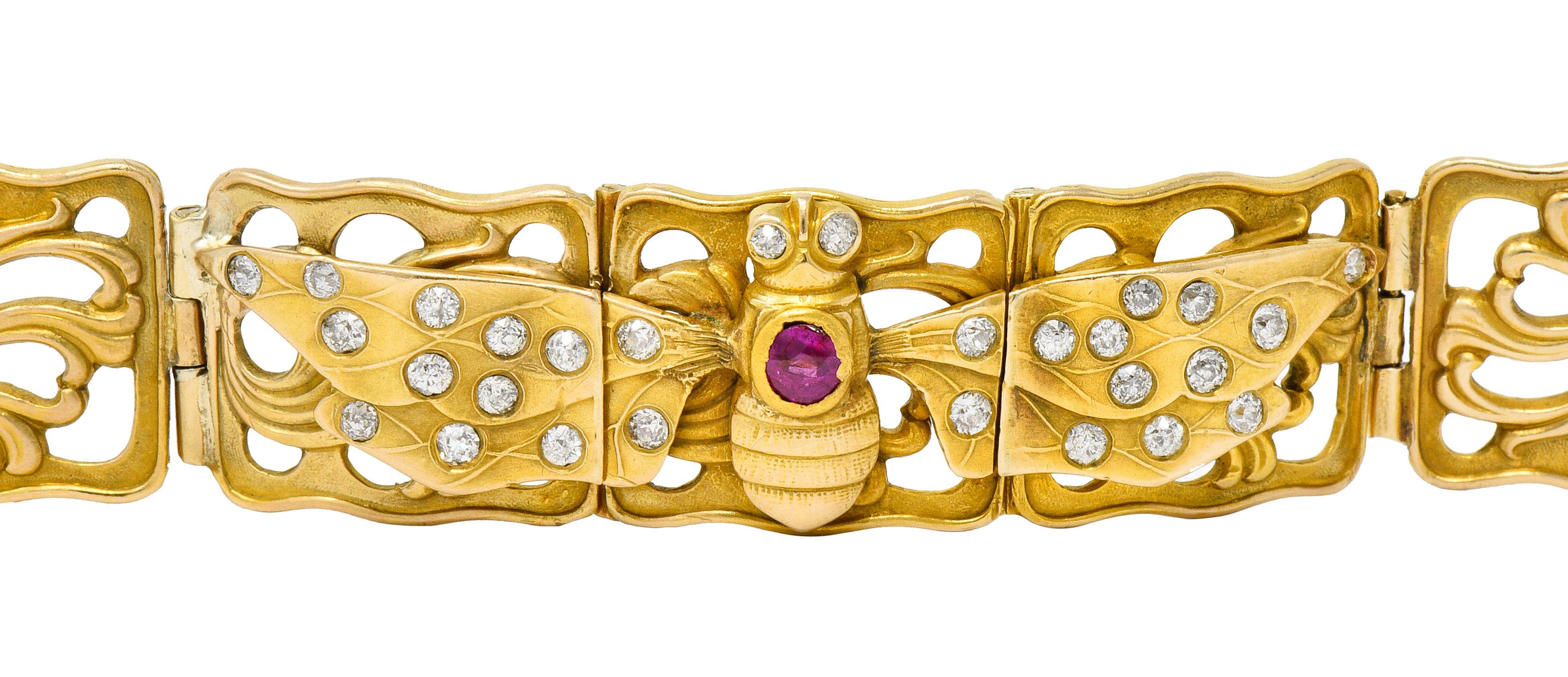 Art Nouveau Ruby Diamond 14 Karat Gold Bee Link Braceletbracelet - Wilson's Estate Jewelry