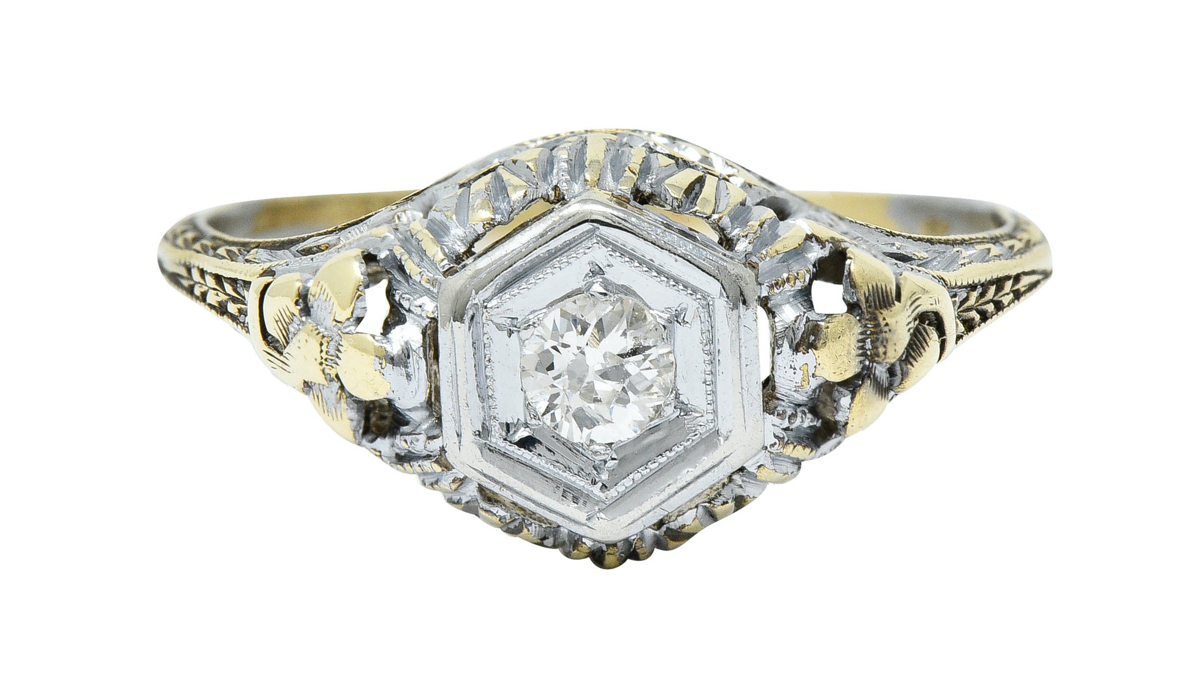 Art Deco Old European Diamond 14 Karat Two-Tone Gold Floral Engagement RingRing - Wilson's Estate Jewelry