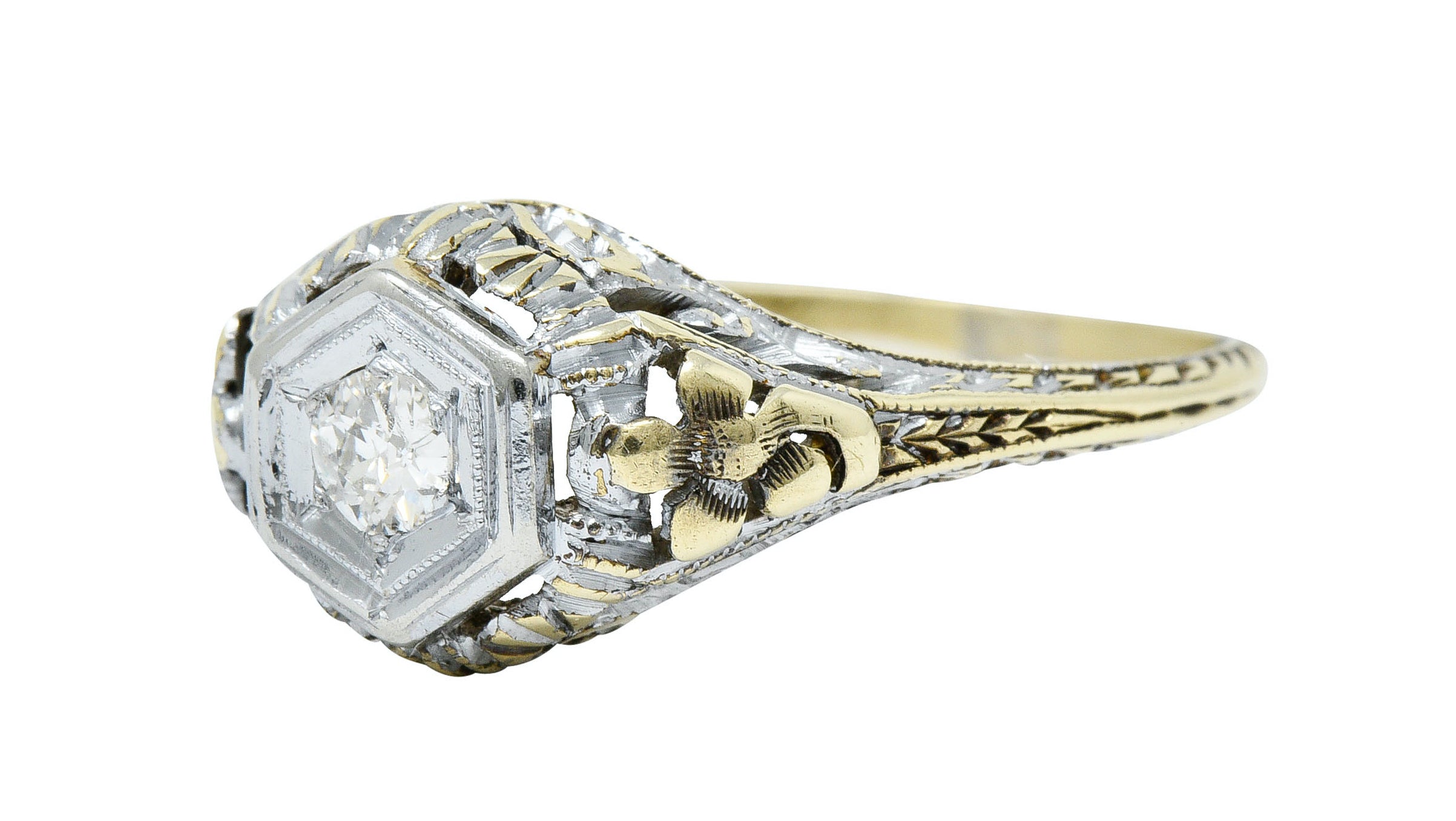 Art Deco Old European Diamond 14 Karat Two-Tone Gold Floral Engagement RingRing - Wilson's Estate Jewelry