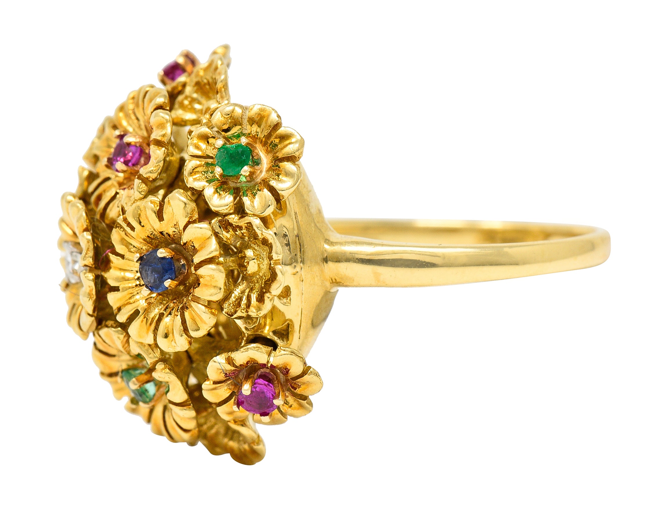 French Place Vendôme 0.35 CTW Sapphire Emerald Ruby Diamond 18 Karat Yellow Gold Vintage Tremblant Flower Ring Wilson's Estate Jewelry