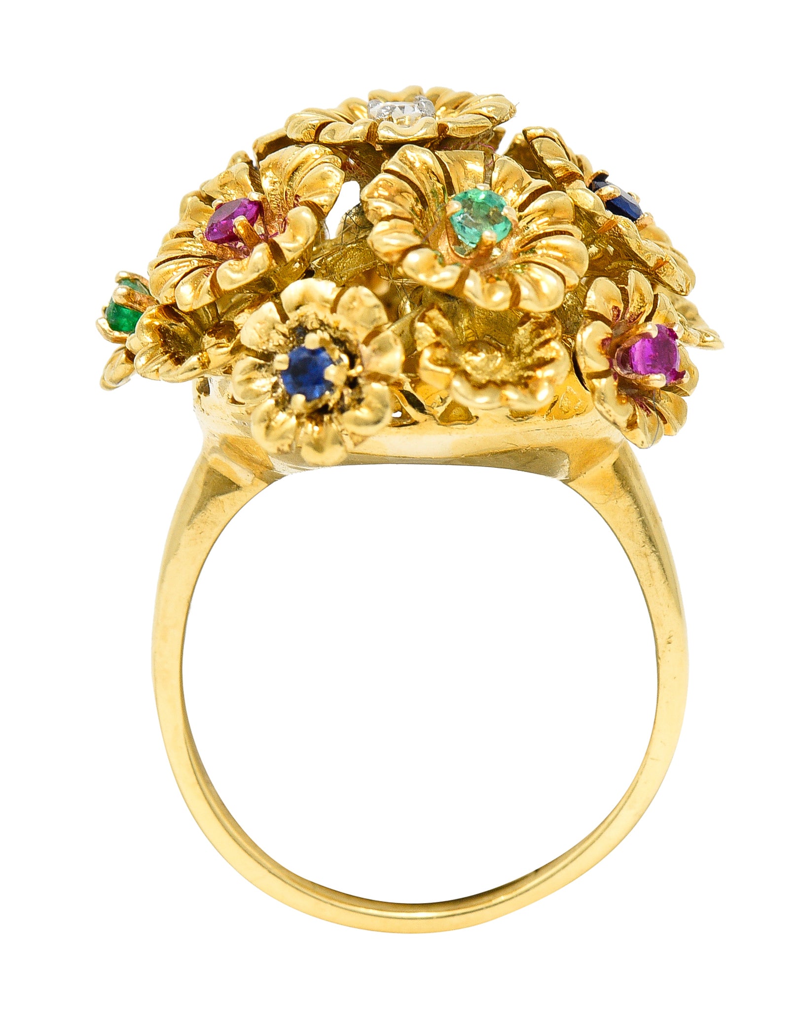 French Place Vendôme 0.35 CTW Sapphire Emerald Ruby Diamond 18 Karat Yellow Gold Vintage Tremblant Flower Ring Wilson's Estate Jewelry