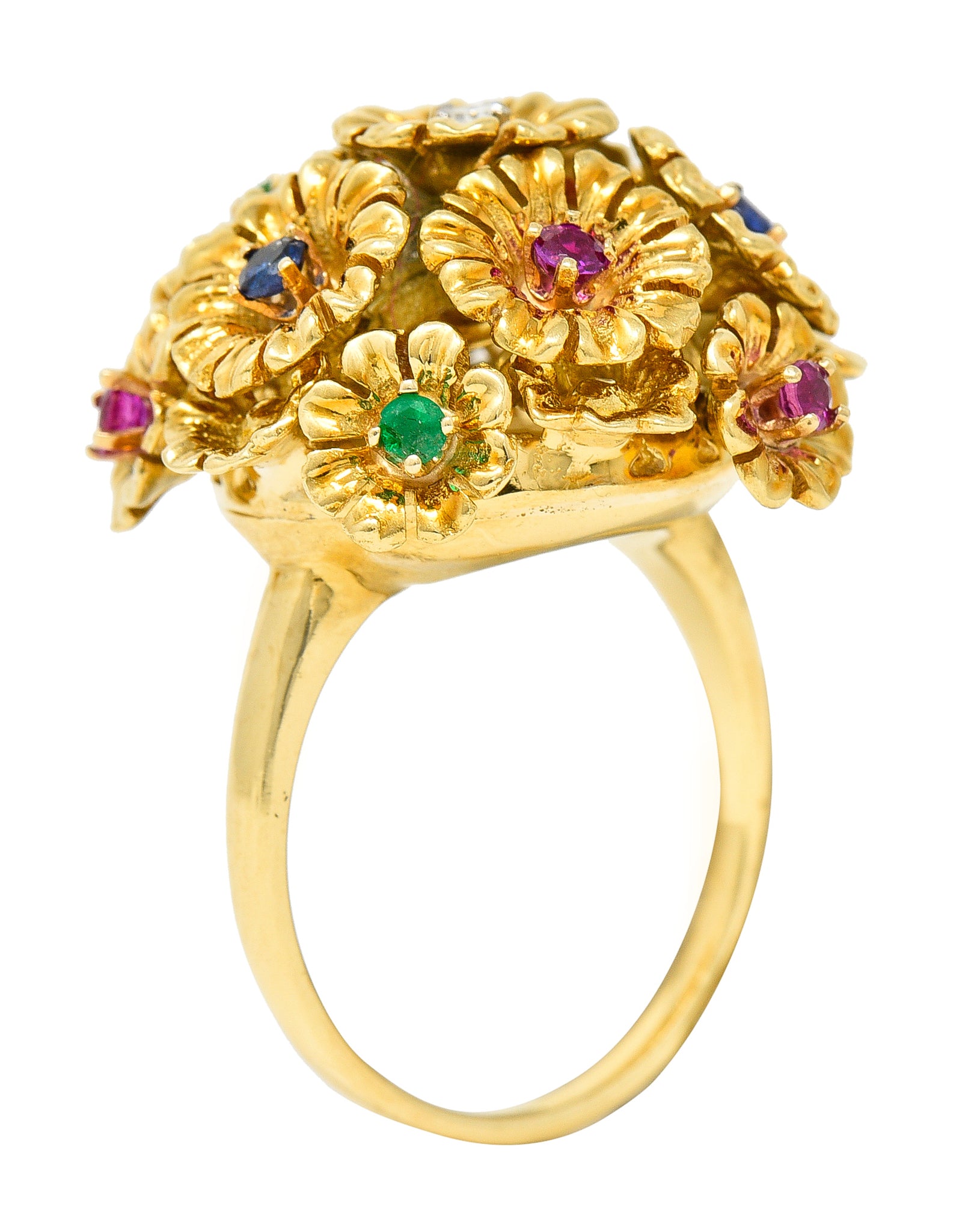 French Place Vendôme 0.35 CTW Sapphire Emerald Ruby Diamond 18 Karat Yellow Gold Vintage Tremblant Flower Ring Wilson's Estate Jewelry